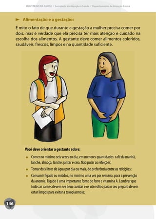 MINISTÉRIO DA SAÚDE / Secretaria de Atenção à Saúde / Departamento de Atenção Básica




         Alimentação e a gestação:
      É mito o fato de que durante a gestação a mulher precisa comer por
      dois, mas é verdade que ela precisa ter mais atenção e cuidado na
      escolha dos alimentos. A gestante deve comer alimentos coloridos,
      saudáveis, frescos, limpos e na quantidade suficiente.




          Você deve orientar a gestante sobre:
               Comer no mínimo seis vezes ao dia, em menores quantidades: café da manhã,
               lanche, almoço, lanche, jantar e ceia. Não pular as refeições;
               T
               Tomar dois litros de água por dia ou mais, de preferência entre as refeições;
               Consumir fígado ou miúdos, no mínimo uma vez por semana, para a prevenção
               da anemia. Fígado é uma importante fonte de ferro e vitamina A. Lembrar que
               todas as carnes devem ser bem cozidas e os utensílios para o seu preparo devem
               estar limpos para evitar a toxoplasmose;

146
 