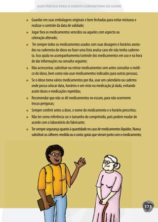 GUIA PRÁTICO PARA O AGENTE COMUNITÁRIO DE SAÚDE



Guardar em suas embalagens originais e bem fechadas para evitar misturas e
realizar o controle da data de validade;
Jogar fora os medicamentos vencidos ou aqueles com aspecto ou
       f
coloração alterado;
 Ter sempre todos os medicamentos usados com suas dosagens e horários anota-
dos na caderneta do idoso ou fazer uma lista avulsa caso ele não tenha caderne-
ta. Isso ajuda no acompanhamento/controle dos medicamentos em uso e na hora
de dar informações na consulta seguinte;
Não acrescentar, substituir ou retirar medicamentos sem antes consultar o médi-
co do idoso, bem como não usar medicamentos indicados para outras pessoas;
Se o idoso toma vários medicamentos por dia, usar um calendário ou caderno
onde possa colocar data, horários e um visto na medicação já dada, evitando
assim doses e medicações repetidas;
Recomendar que não se dê medicamentos no escuro, para não ocorrerem
trocas perigosas;
Sempre conferir antes a dose, o nome do medicamento e o horário prescritos;
Não ter como referência cor e tamanho do comprimido, pois podem mudar de
acordo com o laboratório do fabricante;
T
Ter sempre segurança quanto à quantidade no caso de medicamentos líquidos. Nunca
substituir as colheres-medida ou o conta-gotas que vieram junto com o medicamento;




                                                                                     173
 