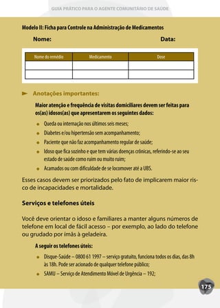 GUIA PRÁTICO PARA O AGENTE COMUNITÁRIO DE SAÚDE



Modelo II: Ficha para Controle na Administração de Medicamentos
    Nome:                                                             Data:

     Nome do remédio             Medicamento                         Dose




    Anotações importantes:
     Maior atenção e frequência de visitas domiciliares devem ser feitas para
     os(as) idosos(as) que apresentarem os seguintes dados:
         Queda ou internação nos últimos seis meses;
         Diabetes e/ou hipertensão sem acompanhamento;
         Paciente que não faz acompanhamento regular de saúde;
         Idoso que fica sozinho e que tem várias doenças crônicas, referindo-se ao seu
         estado de saúde como ruim ou muito ruim;
         Acamados ou com dificuldade de se locomover até a UBS.
Esses casos devem ser priorizados pelo fato de implicarem maior ris-
co de incapacidades e mortalidade.

Serviços e telefones úteis

Você deve orientar o idoso e familiares a manter alguns números de
telefone em local de fácil acesso – por exemplo, ao lado do telefone
ou grudado por ímãs à geladeira.
     A seguir os telefones úteis:
         Disque-Saúde – 0800 61 1997 – serviço gratuito, funciona todos os dias, das 8h
         às 18h. Pode ser acionado de qualquer telefone público;
         SAMU – Serviço de Atendimento Móvel de Urgência – 192;

                                                                                          175
 