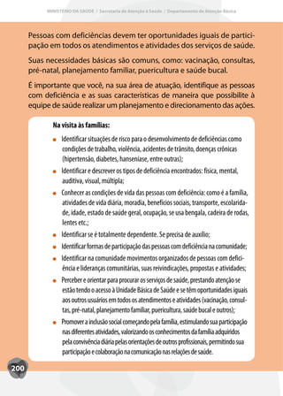 MINISTÉRIO DA SAÚDE / Secretaria de Atenção à Saúde / Departamento de Atenção Básica




      Pessoas com deficiências devem ter oportunidades iguais de partici-
      pação em todos os atendimentos e atividades dos serviços de saúde.
      Suas necessidades básicas são comuns, como: vacinação, consultas,
      pré-natal, planejamento familiar, puericultura e saúde bucal.
      É importante que você, na sua área de atuação, identifique as pessoas
      com deficiência e as suas características de maneira que possibilite à
      equipe de saúde realizar um planejamento e direcionamento das ações.

             Na visita às famílias:
                 Identificar situações de risco para o desenvolvimento de deficiências como
                 condições de trabalho, violência, acidentes de trânsito, doenças crônicas
                 (hipertensão, diabetes, hanseníase, entre outras);
                 Identificar e descrever os tipos de deficiência encontrados: física, mental,
                 auditiva, visual, múltipla;
                 Conhecer as condições de vida das pessoas com deficiência: como é a família,
                 atividades de vida diária, moradia, benefícios sociais, transporte, escolarida-
                 de, idade, estado de saúde geral, ocupação, se usa bengala, cadeira de rodas,
                 lentes etc.;
                 Identificar se é totalmente dependente. Se precisa de auxílio;
                 Identificar formas de participação das pessoas com deficiência na comunidade;
                 Identificar na comunidade movimentos organizados de pessoas com defici-
                 ência e lideranças comunitárias, suas reivindicações, propostas e atividades;
                 Perceber e orientar para procurar os serviços de saúde, prestando atenção se
                 estão tendo o acesso à Unidade Básica de Saúde e se têm oportunidades iguais
                 aos outros usuários em todos os atendimentos e atividades (vacinação, consul-
                 tas, pré-natal, planejamento familiar, puericultura, saúde bucal e outros);
                 Promover a inclusão social começando pela família, estimulando sua participação
                 nas diferentes atividades, valorizando os conhecimentos da família adquiridos
                 pela convivência diária pelas orientações de outros profissionais, permitindo sua
                 participação e colaboração na comunicação nas relações de saúde.

200
 