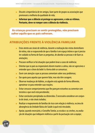 MINISTÉRIO DA SAÚDE / Secretaria de Atenção à Saúde / Departamento de Atenção Básica




              Discutir a importância de ter amigos, fazer parte de grupos ou associações que
              promovam a melhoria da qualidade de vida;
              Inf
              Informar que o silêncio só protege os agressores, e não as vítimas.
              Portanto, deve-se romper com o silêncio da violência.

        As crianças precisam se sentir protegidas, não precisam
       sofrer aquilo que os pais sofreram.


      ATRIBUIÇÕES FRENTE À VIOLÊNCIA FAMILIAR
              Estar atento aos sinais de violência, durante a realização das visitas domiciliares
              de rotina, não se esquecendo de que a família é um espaço íntimo e que é preciso
              ter cuidado na forma de fazer as perguntas, de abordar as pessoas e de fazer as
              anotações;
              Procurar verificar se há situações que podem levar a casos de violência;
              Orientar que os pais ou responsáveis devem manter a calma, não ser agressivos e
              entender que o choro do bebê é a forma dele se comunicar;
              Ouvir com atenção o que as pessoas comentam sobre seus problemas;
              Dar apoio para aquelas que querem falar, mas não têm coragem;
              Observar mudanças de hábitos, se alguém está agindo de forma diferente,
              aproximar-se para entender suas reações;
              Evitar censurar comportamentos que lhe pareçam estranhos ou comentar com
              terceiros o que você está percebendo;
              Evitar conclusões precipitadas ou distorcidas. É necessário considerar um conjun-
              to de sinais, e não sinais isolados;
              Realizar o mapeamento de famílias de risco com relação à violência, na área de
              abrangência da Unidade Básica de Saúde à qual está vinculado;
              Apoiar, quando necessário, o Conselho Tutelar, as escolas e as creches, na avalia-
              ção de situações que indiquem violência a partir da pactuação com a equipe;


234
 