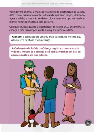 GUIA PRÁTICO PARA O AGENTE COMUNITÁRIO DE SAÚDE



Você deverá orientar a mãe sobre as fases da cicatrização da vacina.
Além disso, orientar a manter o local da aplicação limpo, utilizando
água e sabão, e que não se deve colocar nenhum tipo de medica-
mento, nem cobrir a lesão com curativo.
Qualquer dúvida quanto à cicatrização da vacina BCG, encaminhar a
criança, a mãe ou o responsável à sua equipe de SF ou à UBS.

 Atenção: a aplicação de uma ou mais vacinas, no mesmo dia,
 não oferece nenhum risco à criança.


 A Caderneta de Saúde da Criança registra o peso e as ati-
 vidades, mostra se a criança está com as vacinas em dia, se
 adoece muito e do que adoece.




                                                                       57
 