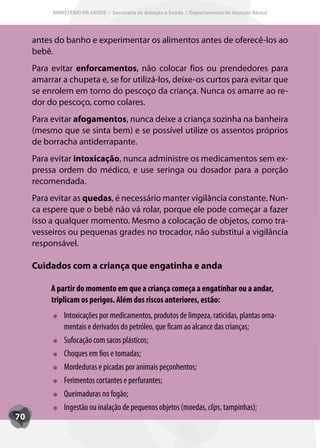 MINISTÉRIO DA SAÚDE / Secretaria de Atenção à Saúde / Departamento de Atenção Básica




     antes do banho e experimentar os alimentos antes de oferecê-los ao
     bebê.
     Para evitar enforcamentos, não colocar fios ou prendedores para
     amarrar a chupeta e, se for utilizá-los, deixe-os curtos para evitar que
     se enrolem em torno do pescoço da criança. Nunca os amarre ao re-
     dor do pescoço, como colares.
     Para evitar afogamentos, nunca deixe a criança sozinha na banheira
     (mesmo que se sinta bem) e se possível utilize os assentos próprios
     de borracha antiderrapante.
     Para evitar intoxicação, nunca administre os medicamentos sem ex-
     pressa ordem do médico, e use seringa ou dosador para a porção
     recomendada.
     Para evitar as quedas, é necessário manter vigilância constante. Nun-
     ca espere que o bebê não vá rolar, porque ele pode começar a fazer
     isso a qualquer momento. Mesmo a colocação de objetos, como tra-
     vesseiros ou pequenas grades no trocador, não substitui a vigilância
     responsável.

     Cuidados com a criança que engatinha e anda

          A partir do momento em que a criança começa a engatinhar ou a andar,
          triplicam os perigos. Além dos riscos anteriores, estão:
              Intoxicações por medicamentos, produtos de limpeza, raticidas, plantas orna-
              mentais e derivados do petróleo, que ficam ao alcance das crianças;
              Sufocação com sacos plásticos;
              Choques em fios e tomadas;
              Mordeduras e picadas por animais peçonhentos;
              Ferimentos cortantes e perfurantes;
              Queimaduras no fogão;
              Ingestão ou inalação de pequenos objetos (moedas, clips, tampinhas);
70
 