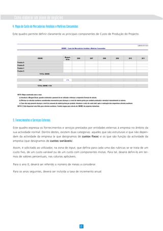 Como elaborar um plano de negócios
Para o ano 0, deverá ser referido o número de meses a considerar.
Para os anos seguintes, deverá ser incluída a taxa de incremento anual.
21
(valores em euros)
CMVMC
Margem
Bruta
2006 2007 2008 2009 2010 2011
Produto A
Produto B
Produto C
Produto D
IVA 21%
NOTA: Mapa construído caso a caso:
a) Introduzir a Margem Bruta, quando conhecida e passível de ser utilizada e efectuar a respectiva fórmula de cálculo;
b) Efectuar os cálculos auxiliares considerados necessários para alcançar a o nível de matéria-prima por unidade produzida e introduzir manualmente os valores;
c) Caso não seja possível alcançar o nível do consumo de matéria-prima por produto, introduzir o valor do custo total, após a realização dos respectivos cálculos auxiliares.
NOTA 2: Está disponível uma folha para cálculos auxiliares. Contém mapas para cálculo do CMVMC de projectos industriais.
CMVMC - Custo das Mercadorias Vendidas e Matérias Consumidas
TOTAL CMVMC
TOTAL CMVMC + IVA
5. Fornecimentos e Serviços Externos
Este quadro expressa os fornecimentos e serviços prestados por entidades externas à empresa no âmbito da
sua actividade normal. Dentro destes, existem duas categorias: aqueles que são estruturais e que não depen-
dem da actividade da empresa (e que designamos de custos fixos) e os que são função da actividade da
empresa (que designamos de custos variáveis).
Assim, é solicitado ao utilizador, na zona de input, que defina para cada uma das rubricas se se trata de um
custo fixo, de um custo variável ou de um custo com componentes mistas. Para tal, deverá defini-lo em ter-
mos de valores percentuais, nas colunas aplicáveis.
4. Mapa de Custo de Mercadorias Vendidas e Matérias Consumidas
Este quadro permite definir claramente as principais componentes de Custo de Produção do Projecto.
 