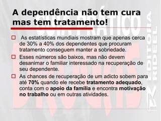 As estatísticas mundiais mostram que apenas cerca de 30% a 40% dos dependentes que procuram tratamento conseguem manter a sobriedade.  Esses números são baixos, mas não devem desanimar o familiar interessado na recuperação de seu dependente.  As chances de recuperação de um adicto sobem para até  70%  quando ele recebe  tratamento adequado , conta com o  apoio da família  e encontra  motivação no trabalho  ou em outras atividades.  A dependência não tem cura mas tem tratamento! 