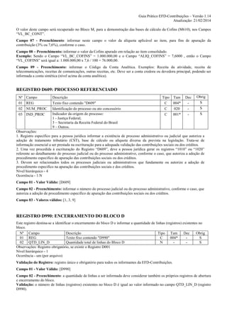 Guia Prático EFD-Contribuições – Versão 1.14
Atualização: 21/02/2014
O valor deste campo será recuperado no Bloco M, para a demonstração das bases de cálculo da Cofins (M610), nos Campos
“VL_BC_CONT”.
Campo 07 - Preenchimento: informar neste campo o valor da alíquota aplicável ao item, para fins de apuração da
contribuição (3% ou 7,6%), conforme o caso.
Campo 08 – Preenchimento: informar o valor da Cofins apurado em relação ao item consolidado.
Exemplo: Sendo o Campo “VL_BC_COFINS” = 1.000.000,00 e o Campo “ALIQ_COFINS” = 7,6000 , então o Campo
“VL_COFINS” será igual a: 1.000.000,00 x 7,6 / 100 = 76.000,00.
Campo 09 - Preenchimento: informar o Código da Conta Analítica. Exemplos: Receita da atividade, receita de
telecomunicações, receitas de comunicações, outras receitas, etc. Deve ser a conta credora ou devedora principal, podendo ser
informada a conta sintética (nível acima da conta analítica).

REGISTRO D609: PROCESSO REFERENCIADO
Nº
01
02
03

Campo
REG
NUM_PROC
IND_PROC

Descrição
Texto fixo contendo "D609"
Identificação do processo ou ato concessório
Indicador da origem do processo:
1 - Justiça Federal;
3 – Secretaria da Receita Federal do Brasil
9 – Outros.

Tipo Tam
C
004*
C
020
C
001*

Dec
-

Obrig
S
S
S

Observações:
1. Registro específico para a pessoa jurídica informar a existência de processo administrativo ou judicial que autoriza a
adoção de tratamento tributário (CST), base de cálculo ou alíquota diversa da prevista na legislação. Trata-se de
informação essencial a ser prestada na escrituração para a adequada validação das contribuições sociais ou dos créditos.
2. Uma vez procedida à escrituração do Registro “D609”, deve a pessoa jurídica gerar os registros “1010” ou “1020”
referente ao detalhamento do processo judicial ou do processo administrativo, conforme o caso, que autoriza a adoção de
procedimento especifico de apuração das contribuições sociais ou dos créditos.
3. Devem ser relacionados todos os processos judiciais ou administrativos que fundamente ou autorize a adoção de
procedimento especifico na apuração das contribuições sociais e dos créditos.
Nível hierárquico - 4
Ocorrência - 1:N
Campo 01 - Valor Válido: [D609]
Campo 02 - Preenchimento: informar o número do processo judicial ou do processo administrativo, conforme o caso, que
autoriza a adoção de procedimento especifico de apuração das contribuições sociais ou dos créditos.
Campo 03 - Valores válidos: [1, 3, 9]

REGISTRO D990: ENCERRAMENTO DO BLOCO D
Este registro destina-se a identificar o encerramento do bloco D e informar a quantidade de linhas (registros) existentes no
bloco.
Nº Campo
Descrição
01 REG
Texto fixo contendo "D990"
02 QTD_LIN_D
Quantidade total de linhas do Bloco D
Observações: Registro obrigatório, se existir o Registro D001
Nível hierárquico - 1
Ocorrência - um (por arquivo)

Tipo
C
N

Tam
004*
-

Dec
-

Obrig
S
S

Validação do Registro: registro único e obrigatório para todos os informantes da EFD-Contribuições.
Campo 01 - Valor Válido: [D990]
Campo 02 - Preenchimento: a quantidade de linhas a ser informada deve considerar também os próprios registros de abertura
e encerramento do bloco.
Validação: o número de linhas (registros) existentes no bloco D é igual ao valor informado no campo QTD_LIN_D (registro
D990).

 
