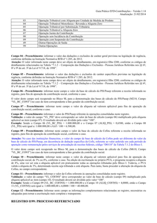 Guia Prático EFD-Contribuições – Versão 1.14
Atualização: 21/02/2014
03
04
05
06
07
08
09
49
99

Operação Tributável com Alíquota por Unidade de Medida de Produto
Operação Tributável Monofásica - Revenda a Alíquota Zero
Operação Tributável por Substituição Tributária
Operação Tributável a Alíquota Zero
Operação Isenta da Contribuição
Operação sem Incidência da Contribuição
Operação com Suspensão da Contribuição
Outras Operações de Saída
Outras Operações

Campo 04 - Preenchimento: informar o valor das deduções e exclusões de caráter geral previstas na legislação de regência,
conforme definidas na Instrução Normativa RFB nº 1.285, de 2012.
Atenção: O valor informado neste campo deve ser objeto de detalhamento, em registro(s) filho I200, conforme os códigos de
detalhamento relacionados na Tabela “7.1.2 – Composição das Deduções e Exclusões - Pessoas Jurídicas Referidas nos §§ 6º,
8º e 9º do art. 3º da Lei nº 9.718, de 1998”.
Campo 05 - Preenchimento: informar o valor das deduções e exclusões de caráter específicos previstas na legislação de
regência, conforme definidas na Instrução Normativa RFB nº 1.285, de 2012.
Atenção: O valor informado neste campo deve ser objeto de detalhamento, em registro(s) filho I200, conforme os códigos de
detalhamento relacionados na Tabela “7.1.2 – Composição das Deduções e Exclusões - Pessoas Jurídicas Referidas nos §§ 6º,
8º e 9º do art. 3º da Lei nº 9.718, de 1998”.
Campo 06 - Preenchimento: informar neste campo o valor da base de cálculo do PIS/Pasep referente a receita informada no
registro, para fins de apuração da contribuição social, conforme o caso.
O valor deste campo será recuperado no Bloco M, para a demonstração das bases de cálculo do PIS/Pasep (M210, Campo
“VL_BC_CONT”) no caso de item correspondente a fato gerador da contribuição social.
Campo 07 - Preenchimento: informar neste campo o valor da alíquota ad valorem aplicável para fins de apuração da
contribuição social, conforme o caso.
Campo 08 – Preenchimento: informar o valor do PIS/Pasep referente às operações consolidadas neste registro.
Validação: o valor do campo “VL_PIS” deve corresponder ao valor da base de cálculo (campo 06) multiplicado pela alíquota
aplicável ao item (campo 07). O resultado deverá ser dividido pelo valor “100”.
Exemplo: Sendo o Campo 06 (VL_BC_PIS) = 1.000.000,00 e o Campo 07 (ALIQ_PIS) = 0,6500, então o Campo 08
(VL_PIS) será igual a: 1.000.000,00 x 0,65 / 100 = 6.500,00.
Campo 09 - Preenchimento: informar neste campo o valor da base de cálculo da Cofins referente a receita informada no
registro, para fins de apuração da contribuição social, conforme o caso.
Atenção: No caso das instituições financeiras, o valor do campo de base de cálculo da Cofins pode ser diferente do valor da
base de cálculo do PIS/Pasep, em decorrência de dedução específica da Cofis, referente ao valor auferido em cada período de
apuração como remuneração pelos serviços de arrecadação de receitas federais, código “D0110” da Tabela 7.1.2 do Bloco I.
O valor deste campo será recuperado no Bloco M, para a demonstração das bases de cálculo da Cofins (M610, Campo
“VL_BC_CONT”) no caso de item correspondente a fato gerador da contribuição social.
Campo 10 - Preenchimento: informar neste campo o valor da alíquota ad valorem aplicável para fins de apuração da
contribuição social, de 3% ou 4%, conforme o caso. Na edição da escrituração no próprio PVA, o programa recupera a alíquota
de 4%, uma vez ser esta a alíquota aplicável em praticamente todas as operações tributadas pelo Bloco I. Todavia, o PVA
valida a alíquota de 3%, determinada receita seja tributada a está alíquota. Para tanto, basta proceder a alteração da alíquota da
Cofins, no campo correspondente.
Campo 11 – Preenchimento: informar o valor da Cofins referente às operações consolidadas neste registro.
Validação: o valor do campo “VL_COFINS” deve corresponder ao valor da base de cálculo (campo 09) multiplicado pela
alíquota aplicável ao item (campo 10). O resultado deverá ser dividido pelo valor “100”.
Exemplo: Sendo o Campo 09 (VL_BC_COFINS) = 1.000.000,00 e o Campo 10 (ALIQ_COFINS) = 4,0000, então o Campo
11 (VL_COFINS) será igual a: 1.000.000,00 x 4,0000 / 100 = 40.000,00.
Campo 12 - Preenchimento: Informar neste campo as informações complementares relacionadas ao registro, necessárias ou
adequadas para tornar a escrituração mais completa e transparente.

REGISTRO I199: PROCESSO REFERENCIADO

 