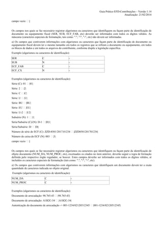 Guia Prático EFD-Contribuições – Versão 1.14
Atualização: 21/02/2014
campo vazio

||

Os campos nos quais se faz necessário registrar algarismos ou caracteres que identifiquem ou façam parte da identificação de
documento ou equipamento fiscal (SER, SUB, ECF_FAB, etc) deverão ser informados com todos os dígitos válidos. As
máscaras (caracteres especiais de formatação, tais como: ".", "/", "-", etc) não devem ser informadas.
a) Os campos que contiverem informações com algarismos ou caracteres que façam parte da identificação de documento ou
equipamento fiscal devem ter o mesmo tamanho em todos os registros que se refiram a documento ou equipamento, em todos
os blocos de dados e em todos os arquivos do contribuinte, conforme dispõe a legislação específica.
Exemplo (algarismos ou caracteres de identificação):
SER
SUB
ECF_FAB
ECF_CX

C
N
C
N

-

Exemplos (algarismos ou caracteres de identificação):
Série (C): 01

|01|

Série: 2

|2|

Série: C

|C|

Série: U

|U|

Série: BU

|BU|

Série: EU

|EU|

Série: U-2

|U2|

Subsérie (N): 1

|1|

Série/Subsérie (C)/(N): D-1
Série/Subsérie: D/

|D|1|

|D||

Número de série do ECF (C): ZZD-8501/2017.01234
Número do caixa do ECF (N): 003
campo vazio

|ZZD8501201701234|

|3|

||

Os campos nos quais se faz necessário registrar algarismos ou caracteres que identifiquem ou façam parte da identificação de
objeto documento (NUM_DA, NUM_PROC, etc), excetuados os citados no item anterior, deverão seguir a regra de formação
definida pelo respectivo órgão regulador, se houver. Estes campos deverão ser informados com todos os dígitos válidos, aí
incluídos os caracteres especiais de formatação (tais como: ".", "/", "-", etc).
a) Os campos que contiverem informações com algarismos ou caracteres que identifiquem um documento devem ter a exata
quantidade de caracteres indicada no objeto original.
Exemplo (algarismos ou caracteres de identificação):
NUM_DA
NUM_PROC

C
C

-

Exemplos (algarismos ou caracteres de identificação):
Documento de arrecadação: 98.765-43

|98.765-43|

Documento de arrecadação: A1B2C-34

|A1B2C-34|

Autenticação do documento de arrecadação -> 001-1234/02120512345

|001-1234/02120512345|

 