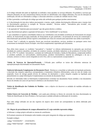 Guia Prático EFD-Contribuições – Versão 1.14
Atualização: 21/02/2014
a) O código utilizado não pode ser duplicado ou atribuído a itens (produto ou serviço) diferentes. Os produtos e serviços que
sofrerem alterações em suas características básicas deverão ser identificados com códigos diferentes. Em caso de alteração de
codificação, deverão ser informados o código e a descrição anteriores e as datas de validade inicial e final;
b) Não é permitida a reutilização de código que tenha sido atribuído para qualquer produto anteriormente.
c) A discriminação do item deve indicar precisamente o mesmo, sendo vedadas discriminações diferentes para o mesmo item
ou discriminações genéricas (a exemplo de "diversas entradas", "diversas saídas", "mercadorias para revenda", etc),
ressalvadas as operações abaixo::
1- de aquisição de "materiais para uso/consumo" que não gerem direitos a créditos;
2- que discriminem por gênero a aquisição de bens para o "ativo imobilizado" (e sua baixa);
3- que contenham os registros consolidados relativos aos contribuintes com atividades econômicas de fornecimento de energia
elétrica, de fornecimento de água canalizada, de fornecimento de gás canalizado, e de prestação de serviço de comunicação e
telecomunicação que poderão utilizar registros consolidados por classe de consumo para representar suas saídas ou prestações.
O termo "item" é aplicado às operações fiscais que envolvam mercadorias, serviços, produtos ou quaisquer outros itens
concernentes às transações fiscais (Exemplo: nota fiscal complementar) suportadas pelo documento.

Para efeito deste manual, os vocábulos "mercadoria" e "produto" se referem indistintamente às operações que envolvam
atividades do comércio atacadista, atividades do comércio varejista, atividades industriais ou de produtores (Convênio Sinief
s/nº de 1970: "O vocábulo ‘mercadorias’, constante da Codificação de Entradas e Saídas de Mercadorias, compreende também
os produtos acabados ou semi-acabados, matérias-primas, produtos intermediários, material de embalagem e de uso e
consumo, inclusive os bens a serem integrados no ativo fixo, salvo se expressamente excepcionados").

Tabela de Natureza da Operação/Prestação - Utilizada para codificar os textos das diferentes naturezas da
operação/prestação discriminadas nos documentos fiscais.

Tabela de Informação Complementar do Documento Fiscal - Destina-se a consolidar as indicações da legislação pertinente,
a descrição das situações específicas correspondentes a tratamentos tributários diferenciados, como no caso de vendas com
suspensão, locais de entrega quando diverso do endereço do destinatário e outras situações exigidas na legislação para
preenchimento no campo Informações Complementares na emissão de documento fiscal.
Deverão ser informadas todas as Informações Complementares existentes nos documentos fiscais emitidos e nos documentos
fiscais de entradas nos casos em que houver referência a um documento fiscal.

Tabela de Identificação das Unidades de Medidas - tem o objetivo de descrever as unidades de medidas utilizadas no
arquivo digital.

Tabela Fatores de Conversão de Medidas - será usada para informar os fatores de conversão dos itens discriminados na
Tabela de Identificação do Item (Produtos e Serviços) para a unidade utilizada na elaboração do inventário.

Para cada código utilizado em um dos registros do arquivo deve existir um correspondente na tabela elaborada pelo
informante.

3.8 - Regras de preenchimento de campos alfanuméricos (C) cujo conteúdo representa código:
a) Informar o código próprio utilizado no sistema do contribuinte;
b) Eventuais caracteres de formatação serão tratados como parte integrante do código que representam.
Exemplo (código):
código "3322CBA991"

|3322CBA991|

código "998877665544"

|998877665544|

 