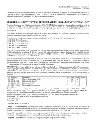 Guia Prático EFD-Contribuições – Versão 1.14
Atualização: 21/02/2014
Considerando que na escrituração do Bloco “0” deve ser escriturado, no mínimo, os registros “0110 - Regimes de Apuração da
Contribuição Social e de Apropriação de Crédito” e “0140 – Tabela de Cadastro de Estabelecimento”, deve sempre ser
informado, no Campo 02, o indicador “0 – Bloco com dados informados”.

REGISTRO 0035: IDENTIFICAÇÃO DE SOCIEDADE EM CONTA DE PARTICIPAÇÃO – SCP
Conforme disposto no art. 4º da Instrução Normativa RFB nº 1.252/2012, em relação aos fatos geradores ocorridos a partir de
1º de janeiro de 2014, no caso de a pessoa jurídica ser sócia ostensiva de Sociedades em Conta de Participação (SCP), a EFDContribuições deverá ser transmitida separadamente, para cada SCP, além da transmissão da EFD-Contribuições, da própria
sócia ostensiva.
Desta forma, a pessoa jurídica que participe de SCP como sócia ostensiva, fica obrigada a segregar e escriturar as suas
operações em separado, das operações referentes à(s) SCP(s).
Como exemplo, considerando que determinada pessoa jurídica participe de várias SCP, conforme abaixo:
1. SCP XXX – Sócia Ostensiva
2. SCP XYW – Sócia Participante
3. SCP WQA – Sócia Participante
4. SCP ABC – Sócia Ostensiva
5. SCP WEG – Sócia Ostensiva
Neste caso, a pessoa jurídica sócia ostensiva deverá proceder à escrituração de suas próprias operações, fazendo constar na sua
EFD-Contribuições, a escrituração de 03 (três) registros 0035, identificando em cada um desses registros, cada SCP que atua
como sócia ostensiva. No caso acima, ter-se-ia 01 registro 0035 para informar ao Fisco a SCP “XXX”, outro para informar a
SCP “ABC” e outro para informar a SCP “WEG”.
Além da obrigatoriedade de informar cada SCP que atue como sócia ostensiva, no registro 0035 de sua escrituração, a PJ sócia
ostensiva deverá gerar, validar e transmitir uma EFD-Contribuições para cada uma dessas SCP. Assim, neste exemplo, a
obrigatoriedade que recai sobre a pessoa jurídica é da geração e transmissão de 04 (quatro) escriturações digitais – a da própria
PJ e uma para cada SCP, relacionando as operações que lhe são próprias.
IMPORTANTE: A pessoa jurídica deverá informar nos blocos A, C, D, F, M e P da escrituração de cada SCP, os documentos
fiscais e operações correspondentes a cada SCP, mesmo que estes documentos fiscais tenham sido emitidos em nome e com o
CNPJ da PJ sócia ostensiva. Neste caso, não deve a PJ sócia ostensiva relacionar em sua própria escrituração, os documentos e
operações que sejam das SCP, uma vez que estes documentos e operações devem ser relacionados é na escrituração digital de
cada SCP.
Nº Campo
Descrição
Tipo
Tam Dec
Obrig
01 REG
Texto fixo contendo “0035”.
C
004*
02 COD_SCP
Identificação da SCP
C
014*
03 DESC_SCP
Descrição da SCP
C
04 INF_COMP
Informação Complementar
C
Observações:
Registro de preenchimento obrigatório, quando no campo 13 do Registro “0000” constar o indicador “03”, “04” ou “05”.
No caso de constar no Campo 13 do Registro 0000 o indicador “03” ou “04”, podem ser gerados vários registros “0035”, 01
(um) para cada SCP em que a pessoa jurídica titular da escrituração, participe na condição de sócio ostensivo.
No caso de constar no Campo 13 do Registro 0000 o indicador “05”, será gerado apenas 01 (um) registro “0035”,
identificando a SCP a que se refere a escrituração em referência.
Nível hierárquico - 2
Ocorrência - 1:N
Campo 01 - Valor Válido: [0035]
Campo 02 – Preenchimento: Informar neste campo o código de identificação da SCP a que se refere este registro. A
codificação, de tamanho fixo de 14 caracteres, é de livre definição pela pessoa jurídica sócia ostensiva, podendo inclusive ser
utilizado o numero do CNPJ, caso a pessoa jurídica sócia ostensiva tenha inscrito a SCP no CNPJ.
Campo 03 – Preenchimento: Informar neste campo a descrição da SCP, como o objeto do empreendimento para o qual foi
constituída, a atividade para a qual foi constituída (comércio, prestação de serviços específico, etc).
Campo 04 – Preenchimento: Informar neste campo informações complementares da SCP.

 