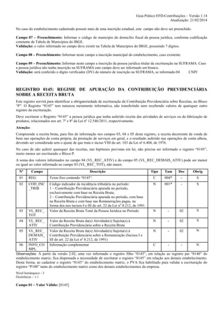 Guia Prático EFD-Contribuições – Versão 1.14
Atualização: 21/02/2014
No caso do estabelecimento cadastrado possuir mais de uma inscrição estadual, este campo não deve ser preenchido.
Campo 07 – Preenchimento: Informar o código de município do domicílio fiscal da pessoa jurídica, conforme codificação
constante da Tabela de Municípios do IBGE.
Validação: o valor informado no campo deve existir na Tabela de Municípios do IBGE, possuindo 7 dígitos.
Campo 08 – Preenchimento: Informar neste campo a inscrição municipal do estabelecimento, caso existente.
Campo 09 – Preenchimento: Informar neste campo a inscrição da pessoa jurídica titular da escrituração na SUFRAMA. Caso
a pessoa jurídica não tenha inscrição na SUFRAMA este campo deve ser informado em branco.
Validação: será conferido o dígito verificador (DV) do número de inscrição na SUFRAMA, se informado.04
CNPJ

REGISTRO 0145: REGIME DE APURAÇÃO DA CONTRIBUIÇÃO PREVIDENCIÁRIA
SOBRE A RECEITA BRUTA
Este registro servirá para identificar a obrigatoriedade de escrituração da Contribuição Previdenciária sobre Receitas, no Bloco
“P”. O Registro “0145” tem natureza meramente informativa, não transferindo nem recebendo valores de quaisquer outro
registro da escrituração.
Deve escriturar o Registro “0145” a pessoa jurídica que tenha auferido receita das atividades de serviços ou da fabricação de
produtos, relacionados nos art. 7º e 8º da Lei nº 12.546/2011, respectivamente.
Atenção:
Compreende a receita bruta, para fins de informação nos campos 03, 04 e 05 deste registro, a receita decorrente da venda de
bens nas operações de conta própria, da prestação de serviços em geral, e o resultado auferido nas operações de conta alheia,
devendo ser considerada sem o ajuste de que trata o inciso VIII do art. 183 da Lei nº 6.404, de 1976.
No caso de não auferir quaisquer das receitas, nas hipóteses previstas em lei, não precisa ser informado o registro “0145”,
muito menos ser escriturado o Bloco P.
A soma dos valores informados no campo 04 (VL_REC_ATIV) e do campo 05 (VL_REC_DEMAIS_ATIV) pode ser menor
ou igual ao valor informado no campo 03 (VL_REC_TOT), não maior.
Nº

Campo

Descrição

Tipo

Tam

Dec

Obrig

01

REG

Texto fixo contendo “0145”.

C

004*

-

S

02

COD_INC
_TRIB

N

001*

-

S

03

VL_REC_
TOT

Código indicador da incidência tributária no período:
1 – Contribuição Previdenciária apurada no período,
exclusivamente com base na Receita Bruta;
2 – Contribuição Previdenciária apurada no período, com base
na Receita Bruta e com base nas Remunerações pagas, na
forma dos nos incisos I e III do art. 22 da Lei no 8.212, de 1991.
Valor da Receita Bruta Total da Pessoa Jurídica no Período

N

-

02

S

04

VL_REC_
ATIV

N

-

02

S

Valor da Receita Bruta da(s) Atividade(s) Sujeita(s) à
Contribuição Previdenciária sobre a Receita Bruta

N
VL_REC_ Valor da Receita Bruta da(s) Atividade(s) Sujeita(s) à
N
02
DEMAIS_ Contribuição Previdenciária sobre a Remuneração (Incisos I e
ATIV
III do art. 22 da Lei nº 8.212, de 1991)
06 INFO_CO Informação complementar
C
N
MPL
Observações: A partir da versão 2.02, uma vez informado o registro filho “0145”, em relação ao registro pai “0140” do
estabelecimento matriz, fica dispensada a necessidade de escriturar o registro “0145” em relação aos demais estabelecimento.
Desta forma, ao cadastrar o registro “0145” do estabelecimento matriz, o PVA fica habilitado para validar a escrituração do
registro “P100” tanto do estabelecimento matriz como dos demais estabelecimentos da empresa.
05

Nível hierárquico - 3
Ocorrência – 1:1

Campo 01 – Valor Válido: [0145]

 