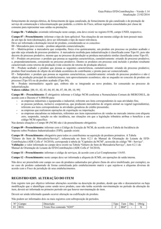 Guia Prático EFD-Contribuições – Versão 1.14
Atualização: 21/02/2014
fornecimento de energia elétrica, de fornecimento de água canalizada, de fornecimento de gás canalizado e de prestação de
serviço de comunicação e telecomunicação que poderão, a critério do Fisco, utilizar registros consolidados por classe de
consumo para representar suas saídas ou prestações.
Campo 06 - Validação: existindo informação neste campo, esta deve existir no registro 0190, campo UNID, respectivo.
Campo 07 - Preenchimento: informar o tipo do item aplicável. Nas situações de um mesmo código de item possuir mais
de um tipo de item (destinação), deve ser informado o tipo de maior relevância.
Deve ser informada a destinação inicial do produto, considerando-se os conceitos:
00 - Mercadoria para revenda – produto adquirido comercialização;
01 – Matéria-prima: a mercadoria que componha, física e/ou quimicamente, um produto em processo ou produto acabado e
que não seja oriunda do processo produtivo. A mercadoria recebida para industrialização é classificada como Tipo 01, pois não
decorre do processo produtivo, mesmo que no processo de produção se produza mercadoria similar classificada como Tipo 03;
03 – Produto em processo: o produto que possua as seguintes características, cumulativamente: oriundo do processo produtivo;
e, preponderantemente, consumido no processo produtivo. Dentre os produtos em processo está incluído o produto resultante
caracterizado como retorno de produção (vide conceito de retorno de produção abaixo);
04 – Produto acabado: o produto que possua as seguintes características, cumulativamente: oriundo do processo produtivo;
produto final resultante do objeto da atividade econômica do contribuinte; e pronto para ser comercializado;
05 - Subproduto: o produto que possua as seguintes características, cumulativamente: oriundo do processo produtivo e não é
objeto da produção principal do estabelecimento; tem aproveitamento econômico; não se enquadre no conceito de produto em
processo (Tipo 03) ou de produto acabado (Tipo 04);
06 – Produto intermediário: aquele que, embora não se integrando ao novo produto, for consumido no processo de
industrialização.
Valores válidos: [00, 01, 02, 03, 04, 05, 06, 07, 08, 09, 10, 99]
Campo 08 – Preenchimento: É obrigatório informar o Código NCM conforme a Nomenclatura Comum do MERCOSUL, de
acordo com o Decreto nº 6.006/06 para:
- as empresas industriais e equiparadas a industrial, referente aos itens correspondentes às suas atividades fins;
- as pessoas jurídicas, inclusive cooperativas, que produzam mercadorias de origem animal ou vegetal (agroindústria),
referente aos itens correspondentes às atividades geradoras de crédito presumido;
- as empresas que realizarem operações de exportação ou importação;
- as empresas atacadistas ou industriais, referentes aos itens representativos de vendas no mercado interno com alíquota
zero, suspensão, isenção ou não incidência, nas situações em que a legislação tributária atribua o benefício a um
código NCM específico.
Nas demais situações o Campo 08 (NCM) não é de preenchimento obrigatório.
Campo 09 - Preenchimento: informar com o Código de Exceção de NCM, de acordo com a Tabela de Incidência do
Imposto sobre Produtos Industrializados (TIPI), quando existir.
Campo 10 - Preenchimento: obrigatório para todos os contribuintes na aquisição de produtos primários. A Tabela
"Gênero do Item de Mercadoria/Serviço", referenciada no Item 4.2.1 do Manual de Orientação do Leiaute da EFDContribuições (ADE Cofis nº 34/2010), corresponde à tabela de "Capítulos da NCM", acrescida do código "00 - Serviço".
Validação: o valor informado no campo deve existir na Tabela “Gênero do Item de Mercadoria/Serviço”, item 4.2.1 do
Manual de Orientação do Leiaute da EFD-Contribuições (ADE Cofis nº 34/2010).
Campo 11 - Preenchimento: informar o código de serviços, de acordo com a Lei Complementar 116/03.
Campo 12 - Preenchimento: neste campo deve ser informada a alíquota do ICMS, em operações de saída interna.
Não deve ser preenchido este campo no caso de produtos cadastrados por gênero (bens do ativo imobilizado, por exemplo), ou
no caso de produto cadastrado de forma centralizada pelo estabelecimento matriz e que sujeita-se a alíquotas diversas de
acordo com o Fisco de jurisdição de seus estabelecimentos.

REGISTRO 0205: ALTERAÇÃO DO ITEM
Este registro tem por objetivo informar alterações ocorridas na descrição do produto, desde que não o descaracterize ou haja
modificação que o identifique como sendo novo produto, caso não tenha ocorrido movimentação no período da alteração do
item, deverá ser informada no primeiro período em que houver movimentação do item.
Deverá ser ainda informado quando ocorrer alteração na codificação do produto.
Não podem ser informados dois ou mais registros com sobreposição de períodos.
Nº Campo
01 REG

Descrição
Texto fixo contendo "0205"

Tipo Tam
C
004*

Dec
-

Obrig
S

 