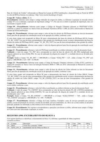 Guia Prático EFD-Contribuições – Versão 1.14
Atualização: 21/02/2014
Base de Cálculo do Crédito” referenciada no Manual do Leiaute da EFD-Contribuições e disponibilizada no Portal do SPED
no sítio da RFB na Internet, no endereço <http://www.receita.fazenda.gov.br/sped.
Campo 08 - Valores válidos: [0, 1]
Preenchimento: informar neste campo o código indicador da origem do crédito, se referente à operação no mercado interno
(código “0”) ou se referente a operação de importação (código “1”). No caso de se referir à operação de importação, deve ser
escriturado o registro A120.
Campo 09 - Preenchimento: Informar neste campo o Código de Situação Tributária referente ao PIS/PASEP (CST),
conforme a Tabela II constante no Anexo Único da Instrução Normativa RFB nº 1.009, de 2010, referenciada no Manual do
Leiaute da EFD-Contribuições.
Campo 10 - Preenchimento: informar neste campo o valor da base de cálculo do PIS/Pasep referente ao item do documento
fiscal, para fins de apuração da contribuição social ou de apuração do crédito, conforme o caso.
O valor deste campo será recuperado no Bloco M, para a demonstração das bases de cálculo do PIS/Pasep (M210, Campo
“VL_BC_CONT”) no caso de item correspondente a fato gerador da contribuição social, ou para a demonstração das bases de
cálculo do crédito de PIS/Pasep (M105, campo “VL_BC_PIS_TOT”) no caso de item correspondente a fato gerador de crédito.
Campo 11 - Preenchimento: informar neste campo o valor da alíquota aplicável para fins de apuração da contribuição social
ou do crédito, conforme o caso.
Campo 12 – Preenchimento: informar o valor do PIS/Pasep (contribuição ou crédito) referente ao item do documento fiscal.
Validação: o valor do campo “VL_PIS” deve corresponder ao valor da base de cálculo (VL_BC_PIS) multiplicado pela
alíquota aplicável ao item (ALIQ_PIS). No caso de aplicação da alíquota do campo 07, o resultado deverá ser dividido pelo
valor “100”.
Exemplo: Sendo o Campo “VL_BC_PIS” = 1.000.000,00 e o Campo “ALIQ_PIS” = 1,65 , então o Campo “VL_PIS” será
igual a: 1.000.000,00 x 1,65 / 100 = 16.500,00.
Campo 13 - Preenchimento: Informar neste campo o Código de Situação Tributária referente a Cofins (CST), conforme a
Tabela III constante no Anexo Único da Instrução Normativa RFB nº 1.009, de 2010, referenciada no Manual do Leiaute da
EFD-Contribuições.
Campo 14 - Preenchimento: informar neste campo o valor da base de cálculo da Cofins referente ao item do documento
fiscal, para fins de apuração da contribuição social ou de apuração do crédito, conforme o caso.
O valor deste campo será recuperado no Bloco M, para a demonstração das bases de cálculo da Cofins (M610, Campo
“VL_BC_CONT”) no caso de item correspondente a fato gerador da contribuição social, ou para a demonstração das bases de
cálculo do crédito de Cofins (M505, campo “VL_BC_COFINS_TOT”) no caso de item correspondente a fato gerador de
crédito.
Campo 15 - Preenchimento: informar neste campo o valor da alíquota aplicável para fins de apuração da contribuição social
ou do crédito, conforme o caso.
Campo 16 – Preenchimento: informar o valor da Cofins (contribuição ou crédito) referente ao item do documento fiscal.
Validação: o valor do campo “VL_COFINS” deve corresponder ao valor da base de cálculo (VL_BC_COFINS) multiplicado
pela alíquota aplicável ao item (ALIQ_COFINS). No caso de aplicação da alíquota do campo 07, o resultado deverá ser
dividido pelo valor “100”.
Exemplo: Sendo o Campo “VL_BC_COFINS” = 1.000.000,00 e o Campo “ALIQ_COFINS” = 7,60 , então o Campo
“VL_COFINS” será igual a: 1.000.000,00 x 7,6 / 100 = 76.000,00.
Campo 17 - Preenchimento: informar o Código da Conta Analítica. Exemplos: custo de serviços prestados por pessoa
jurídica, receita da prestação de serviços, receitas da atividade, serviços contratados, etc. Deve ser a conta credora ou devedora
principal, podendo ser informada a conta sintética (nível acima da conta analítica).
Campo 18 - Preenchimento: Nos registros correspondentes a operações com direito a crédito, informar neste campo o Código
do Centro de Custo relacionado à operação, se existir.

REGISTRO A990: ENCERRAMENTO DO BLOCO A
Este registro destina-se a identificar o encerramento do bloco A e informar a quantidade de linhas (registros)
existentes no bloco.
Nº
01
02

Campo
REG
QTD_LIN_A

Descrição
Texto fixo contendo "A990"
Quantidade total de linhas do Bloco A

Tipo
C
N

Tam
004*
-

Dec
-

Obrig
S
S

 