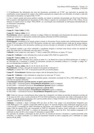 Guia Prático EFD-Contribuições – Versão 1.14
Atualização: 21/02/2014
5. O detalhamento das informações dos itens dos documentos escriturados em “C100”, que repercutam na apuração das
contribuições sociais (operações de vendas) e dos créditos (operações de compras) deve ser informado, em relação a cada item
relacionado no documento, no registro Filho “C170”;
6. Caso o arquivo gerado pela pessoa jurídica contenha, em relação às operações documentadas por Nota Fiscal Eletrônica
(NF-e) registros individualizados por documentos (C100 e filhos) e registros de consolidação (C180 e C190, e filhos), deverá
informar no registro C010, no campo “IND_ESCRI”, se a escrituração está considerando as informações individualizadas ou
as informações consolidadas.
Nível hierárquico - 3
Ocorrência – 1:N
Campo 01 - Valor Válido: [C100]
Campo 02 - Valores válidos: [0, 1]
Preenchimento: indicar a operação, conforme os códigos. Podem ser informados como documentos de entrada os documentos
emitidos por terceiros e os documentos emitidos pelo próprio informante da EFD-Contribuições.
Campo 03 - Valores válidos: [0, 1]
Preenchimento: consideram-se de emissão própria somente os documentos fiscais emitidos pelo estabelecimento informante
(campo CNPJ do registro C010) da EFD. Documentos emitidos por outros estabelecimentos, ainda que da mesma empresa,
devem ser considerados como documentos emitidos por terceiros devendo ser informado no campo 06 (COD_SIT) o código
“08”.
Se a legislação estadual a que estiver submetido o contribuinte obrigá-lo a escriturar notas fiscais avulsas em operação de
saída, este campo deve ser informado com valor igual a “0” (zero).
Validação: se este campo tiver valor igual a “1” (um), o campo IND_OPER deve ser igual a “0” (zero).
Campo 04 - Validação: o valor informado deve existir no campo COD_PART do registro 0150.
Campo 05 - Valores válidos: [01, 1B, 04, 55]
Preenchimento: o valor informado deve constar na tabela 4.1.1 do Manual do Leiaute da EFD-Contribuições. O “código” a
ser informado não é exatamente o “modelo” do documento, devendo ser consultada a tabela 4.1.1. Exemplo: o código “01”
deve ser utilizado para os modelos “1” ou “1A".
Campo 06 - Valores válidos: [00, 01, 02, 03, 04, 05, 06, 07, 08]
Preenchimento: verificar a descrição da situação do documento na Subseção 6.3.
Validação: os valores “04” e “05” só são possíveis para NF-e de emissão própria.
Campo 07 – Preenchimento: Informar neste campo a série do documento fiscal, se existir.
Campo 08 – Validação: o valor informado no campo deve ser maior que “0” (zero).
Campo 09 - Preenchimento: Campo a ser preenchido quando o documento escriturado for NF-e, COD_MOD igual a “55”,
com base nas seguintes definições:
1. Escrituração referente a período anterior ou igual a março de 2012:
Se IND_EMIT = 0 (Emissão própria): Preenchimento obrigatório (sujeito à validação)
Se IND_EMIT = 1 (Emissão de terceiros): Preenchimento opcional (sujeito à validação)
2. Escrituração referente a período igual ou posterior a abril de 2012:
Se IND_EMIT = 0 (Emissão própria): Preenchimento obrigatório (sujeito à validação)
Se IND_EMIT = 1 (Emissão de terceiros): Preenchimento obrigatório (sujeito à validação)
OBS: Tendo em vista que o preenchimento desse campo não é obrigatório, em relação aos períodos de apuração ocorridos até
31 de março de 2012, caso a versão utilizada do PVA da EFD-Contribuições, neste período, não valide a informação da chave
da NF-e, no caso de emissão de terceiros, deve a pessoa jurídica deixar o campo em branco, sem a informação da Chave, para a
validação e transmissão da escrituração
Validação: é conferido o dígito verificador (DV) da chave da NF-e. Este campo é de preenchimento obrigatório para
COD_MOD igual a “55”, quando o campo IND_EMIT for igual a “0” (Emissão Própria). Para confirmação inequívoca de que
a chave da NF-e corresponde aos dados informados do documento, será comparado o CNPJ existente na CHV_NFE com o
campo CNPJ do registro C010, que corresponde ao CNPJ do informante do arquivo. Serão verificados a consistência da
informação do campo NUM_DOC e o número do documento contido na chave da NF-e. Será também comparada a UF
codificada na chave da NF-e com o campo UF informado no registro 0000.
Nas operações de entradas a informação da chave da NF-e de emissão de terceiros é facultativa e quando preenchida serão
conferidos: 1) o dígito verificador; 2) o número do documento existente na chave comparado com o informado no campo
anterior (NUM_DOC).

 