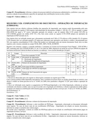 Guia Prático EFD-Contribuições – Versão 1.14
Atualização: 21/02/2014
Campo 02 - Preenchimento: informar o número do processo judicial ou do processo administrativo, conforme o caso, que
autoriza a adoção de procedimento especifico de apuração das contribuições sociais ou dos créditos.
Campo 03 - Valores válidos: [1, 3, 9]

REGISTRO C120: COMPLEMENTO DO DOCUMENTO - OPERAÇÕES DE IMPORTAÇÃO
(CÓDIGO 01)
Este registro tem por objetivo informar detalhes das operações de importação, que estejam sendo documentadas pela nota
fiscal escriturada no registro C100 (registro individualizado de documentos códigos 1, 1B, 04 e 55 - NF-e), quando o campo
IND_OPER for igual a “0” (zero), indicando operação de entrada e que no registro filho C170 conste CST_PIS ou
CST_COFINS gerador de crédito (CST 50 a 56), bem como conste no registro C170 CFOP próprio de operações de
importação (CFOP iniciado em 3).
Este registro deve ser utilizado mesmo que o documento escriturado em C100 e C170 refira-se a NFe (modelo 55). O registro
C199 somente deve ser utilizado quando a PJ optou por relacionar suas operações com direito a crédito e documentadas por
NFe nos registros consolidadores C190 e filhos.Não podem ser informados para um mesmo documento fiscal, dois ou mais
registros com o mesmo conteúdo no campo NUM_DOC_IMP e NUM_ACDRAW.
Registro com estrutura, campos e conteúdo definidos e constantes no Leiaute da Escrituração Fiscal Digital – EFD (ICMS e
IPI), instituído pelo Ato COTEPE/ICMS nº 9, de 12 de abril de 2008, disponível no portal de serviços (SPED) da página da
Secretaria da Receita Federal do Brasil na Internet, no endereço <www.receita.fazenda.gov.br/sped>.
Obrig
Campo
Descrição
Tipo Tam Dec
REG
Texto fixo contendo "C120"
C
004
S
COD_DOC_I Documento de importação:
C
001*
S
MP
0 – Declaração de Importação;
1 – Declaração Simplificada de Importação.
03 NUM_DOC_ Número do documento de Importação.
C
010
S
IMP
04 VL_PIS_IMP Valor pago de PIS na importação
N
02
N
05 VL_COFINS Valor pago de COFINS na importação
N
02
N
_IMP
06 NUM_ACDR Número do Ato Concessório do regime
C
020
N
AW
Drawback
Observações:
1. Devem ser observadas para este registro as observações constantes no registro pai (C100).
Caso a pessoa jurídica tenha importado mercadorias, bens e produtos de pessoa física ou jurídica domiciliada no exterior, com
direito a crédito na forma prevista na Lei nº 10.865, de 2004, deve preencher o Registro “C120” para validar a apuração do
crédito.
2. Deve ser informado neste registro os pagamentos de PIS/Pasep-Importação e de Cofins-Importação, referente ao serviço
contratado com direito a crédito, uma vez que de acordo com a legislação em referência, o direito à apuração de crédito aplicase apenas em relação às contribuições efetivamente pagas na importação de bens e serviços (art. 15 da Lei nº 10.865, de 2004).
Nível hierárquico - 4
Ocorrência - 1:N
Nº
01
02

Campo 01 - Valor Válido: [C120]
Campo 02 - Valor Válido: [0,1]
Campo 03 - Preenchimento: informar o número do documento de importação
Campo 04 - Preenchimento: Informar o valor recolhido de PIS/Pasep – Importação, relacionado ao documento informado
neste registro. No caso de haver mais de um recolhimento (PIS/Pasep – Importação) em relação ao mesmo documento,
informar no campo o somatório dos valores pagos.
De acordo com a legislação, o direito ao crédito de PIS/Pasep aplica-se em relação às contribuições efetivamente pagas na
importação de bens e serviços.
Campo 05 - Preenchimento: Informar o valor recolhido de Cofins – Importação, relacionado ao documento informado neste
registro. No caso de haver mais de um recolhimento (Cofins – Importação) em relação ao mesmo documento, informar no
campo o somatório dos valores pagos.

 