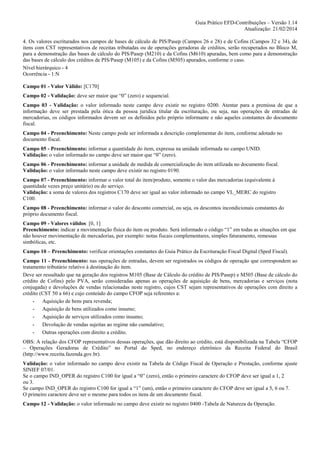 Guia Prático EFD-Contribuições – Versão 1.14
Atualização: 21/02/2014
4. Os valores escriturados nos campos de bases de cálculo de PIS/Pasep (Campos 26 e 28) e de Cofins (Campos 32 e 34), de
itens com CST representativos de receitas tributadas ou de operações geradoras de créditos, serão recuperados no Bloco M,
para a demonstração das bases de cálculo do PIS/Pasep (M210) e da Cofins (M610) apuradas, bem como para a demonstração
das bases de cálculo dos créditos de PIS/Pasep (M105) e da Cofins (M505) apurados, conforme o caso.
Nível hierárquico - 4
Ocorrência - 1:N
Campo 01 - Valor Válido: [C170]
Campo 02 - Validação: deve ser maior que “0” (zero) e sequencial.
Campo 03 - Validação: o valor informado neste campo deve existir no registro 0200. Atentar para a premissa de que a
informação deve ser prestada pela ótica da pessoa jurídica titular da escrituração, ou seja, nas operações de entradas de
mercadorias, os códigos informados devem ser os definidos pelo próprio informante e não aqueles constantes do documento
fiscal.
Campo 04 - Preenchimento: Neste campo pode ser informada a descrição complementar do item, conforme adotado no
documento fiscal.
Campo 05 - Preenchimento: informar a quantidade do item, expressa na unidade informada no campo UNID.
Validação: o valor informado no campo deve ser maior que “0” (zero).
Campo 06 - Preenchimento: informar a unidade de medida de comercialização do item utilizada no documento fiscal.
Validação: o valor informado neste campo deve existir no registro 0190.
Campo 07 - Preenchimento: informar o valor total do item/produto, somente o valor das mercadorias (equivalente à
quantidade vezes preço unitário) ou do serviço.
Validação: a soma de valores dos registros C170 deve ser igual ao valor informado no campo VL_MERC do registro
C100.
Campo 08 - Preenchimento: informar o valor do desconto comercial, ou seja, os descontos incondicionais constantes do
próprio documento fiscal.
Campo 09 - Valores válidos: [0, 1]
Preenchimento: indicar a movimentação física do item ou produto. Será informado o código “1” em todas as situações em que
não houver movimentação de mercadorias, por exemplo: notas fiscais complementares, simples faturamento, remessas
simbólicas, etc.
Campo 10 – Preenchimento: verificar orientações constantes do Guia Prático da Escrituração Fiscal Digital (Sped Fiscal).
Campo 11 - Preenchimento: nas operações de entradas, devem ser registrados os códigos de operação que correspondem ao
tratamento tributário relativo à destinação do item.
Deve ser ressaltado que na geração dos registros M105 (Base de Cálculo do crédito de PIS/Pasep) e M505 (Base de cálculo do
crédito de Cofins) pelo PVA, serão consideradas apenas as operações de aquisição de bens, mercadorias e serviços (nota
conjugada) e devoluções de vendas relacionadas neste registro, cujos CST sejam representativos de operações com direito a
crédito (CST 50 a 66) e cujo conteúdo do campo CFOP seja referentes a:
- Aquisição de bens para revenda;
- Aquisição de bens utilizados como insumo;
- Aquisição de serviços utilizados como insumo;
- Devolução de vendas sujeitas ao regime não cumulativo;
- Outras operações com direito a crédito.
OBS: A relação dos CFOP representativos dessas operações, que dão direito ao crédito, está disponibilizada na Tabela “CFOP
– Operações Geradoras de Crédito” no Portal do Sped, no endereço eletrônico da Receita Federal do Brasil
(http://www.receita.fazenda.gov.br).
Validação: o valor informado no campo deve existir na Tabela de Código Fiscal de Operação e Prestação, conforme ajuste
SINIEF 07/01.
Se o campo IND_OPER do registro C100 for igual a “0” (zero), então o primeiro caractere do CFOP deve ser igual a 1, 2
ou 3.
Se campo IND_OPER do registro C100 for igual a “1” (um), então o primeiro caractere do CFOP deve ser igual a 5, 6 ou 7.
O primeiro caractere deve ser o mesmo para todos os itens de um documento fiscal.
Campo 12 - Validação: o valor informado no campo deve existir no registro 0400 -Tabela de Natureza da Operação.

 