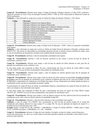 Guia Prático EFD-Contribuições – Versão 1.14
Atualização: 21/02/2014
Campo 02 - Preenchimento: Informar neste campo o Código de Situação Tributária referente a Cofins (CST), conforme a
Tabela III constante no Anexo Único da Instrução Normativa RFB nº 1.009, de 2010, referenciada no Manual do Leiaute da
EFD-Contribuições.
Validação: o valor informado no campo deve constar na Tabela de Código de Situação Tributária – CST, abaixo:
Código
01
02
03
04
05
06
07
08
09
49
99

Descrição
Operação Tributável com Alíquota Básica
Operação Tributável com Alíquota Diferenciada
Operação Tributável com Alíquota por Unidade de Medida de Produto
Operação Tributável Monofásica - Revenda a Alíquota Zero
Operação Tributável por Substituição Tributária
Operação Tributável a Alíquota Zero
Operação Isenta da Contribuição
Operação sem Incidência da Contribuição
Operação com Suspensão da Contribuição
Outras Operações de Saída
Outras Operações

Campo 03 - Preenchimento: Informar neste campo o Código Fiscal de Operação – CFOP, relativo às operações consolidadas
neste registro.
Validação: o valor informado no campo deve existir na Tabela de Código Fiscal de Operação e Prestação, conforme ajuste
SINIEF 07/01. Não devem ser relacionadas na consolidação operações que não se refiram a receitas auferidas de vendas, como
no caso de transferência de mercadorias e produtos entre estabelecimentos da pessoa jurídica.
Campo 04 - Preenchimento: informar o valor do item/produto consolidado neste registro.
Campo 05 - Preenchimento: informar o valor do desconto comercial ou dos valores a excluir da base de cálculo da
contribuição, conforme o caso.
Campo 06 - Preenchimento: informar neste campo o valor da base de cálculo da Cofins referente ao item, para fins de
apuração da contribuição social, conforme o caso.
O valor deste campo será recuperado no Bloco M, para a demonstração das bases de cálculo da Cofins (M610, Campo
“VL_BC_CONT”) no caso de item correspondente a fato gerador da contribuição social.
Campo 07 - Preenchimento: informar neste campo o valor da alíquota ad valorem aplicável para fins de apuração da
contribuição social, conforme o caso.
Campo 08 - Preenchimento: informar neste campo a base de cálculo da cofins expressa em quantidade (Unidade de Medida
de Produto), para fins de apuração da contribuição social, conforme as hipóteses previstas em lei, como por exemplo, no caso
de fabricantes e importadores de combustíveis e de bebidas frias (água, cerveja, refrigerantes) que tenham optado por apurar as
contribuições sociais com base na quantidade de produto vendida.
O preenchimento do campo 08 (base de cálculo em quantidade) dispensa o preenchimento do campo 06 (base de cálculo em
valor), em relação ao item informado neste registro.
O valor deste campo será recuperado no Bloco M, para a demonstração das bases de cálculo da Cofins (M610, Campo
“QUANT_BC_COFINS”) no caso de item correspondente a fato gerador da contribuição social.
Campo 09 - Preenchimento: informar neste campo o valor da alíquota expressa em reais, aplicável para fins de apuração da
contribuição social, sobre a base de cálculo expressa em quantidade (campo 08).
Campo 10 – Preenchimento: informar o valor da Cofins referente ao item consolidado neste registro.
Validação: o valor do campo “VL_COFINS” deve corresponder ao valor da base de cálculo (campo 06 ou campo 08)
multiplicado pela alíquota aplicável ao item (campo 07 ou campo 09). No caso de aplicação da alíquota do campo 07, o
resultado deverá ser dividido pelo valor “100”.
Exemplo: Sendo o Campo 06 (VL_BC_COFINS) = 1.000.000,00 e o Campo 07 (ALIQ_COFINS) = 7,6000, então o Campo
10 (VL_COFINS) será igual a: 1.000.000,00 x 7,6 / 100 = 76.000,00.
Campo 11 - Preenchimento: informar o Código da Conta Analítica. Exemplos: receitas de vendas, receitas financeiras,
receitas não operacionais, etc. Deve ser a conta credora ou devedora principal, podendo ser informada a conta sintética (nível
acima da conta analítica).

REGISTRO C188: PROCESSO REFERENCIADO

 