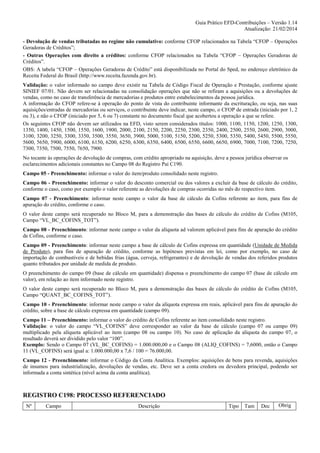 Guia Prático EFD-Contribuições – Versão 1.14
Atualização: 21/02/2014
- Devolução de vendas tributadas no regime não cumulativo: conforme CFOP relacionados na Tabela “CFOP – Operações
Geradoras de Créditos”;
- Outras Operações com direito a créditos: conforme CFOP relacionados na Tabela “CFOP – Operações Geradoras de
Créditos”.
OBS: A tabela “CFOP – Operações Geradoras de Crédito” está disponibilizada no Portal do Sped, no endereço eletrônico da
Receita Federal do Brasil (http://www.receita.fazenda.gov.br).
Validação: o valor informado no campo deve existir na Tabela de Código Fiscal de Operação e Prestação, conforme ajuste
SINIEF 07/01. Não devem ser relacionadas na consolidação operações que não se refiram a aquisições ou a devoluções de
vendas, como no caso de transferência de mercadorias e produtos entre estabelecimentos da pessoa jurídica.
A informação do CFOP refere-se à operação do ponto de vista do contribuinte informante da escrituração, ou seja, nas suas
aquisições/entradas de mercadorias ou serviços, o contribuinte deve indicar, neste campo, o CFOP de entrada (iniciado por 1, 2
ou 3), e não o CFOP (iniciado por 5, 6 ou 7) constante no documento fiscal que acobertou a operação a que se refere.
Os seguintes CFOP não devem ser utilizados na EFD, visto serem considerados títulos: 1000, 1100, 1150, 1200, 1250, 1300,
1350, 1400, 1450, 1500, 1550, 1600, 1900, 2000, 2100, 2150, 2200, 2250, 2300, 2350, 2400, 2500, 2550, 2600, 2900, 3000,
3100, 3200, 3250, 3300, 3350, 3500, 3550, 3650, 3900, 5000, 5100, 5150, 5200, 5250, 5300, 5350, 5400, 5450, 5500, 5550,
5600, 5650, 5900, 6000, 6100, 6150, 6200, 6250, 6300, 6350, 6400, 6500, 6550, 6600, 6650, 6900, 7000, 7100, 7200, 7250,
7300, 7350, 7500, 7550, 7650, 7900.
No tocante às operações de devolução de compras, com crédito apropriado na aquisição, deve a pessoa jurídica observar os
esclarecimentos adicionais constantes no Campo 08 do Registro Pai C190.
Campo 05 - Preenchimento: informar o valor do item/produto consolidado neste registro.
Campo 06 - Preenchimento: informar o valor do desconto comercial ou dos valores a excluir da base de cálculo do crédito,
conforme o caso, como por exemplo o valor referente as devoluções de compras ocorridas no mês do respectivo item.
Campo 07 - Preenchimento: informar neste campo o valor da base de cálculo da Cofins referente ao item, para fins de
apuração do crédito, conforme o caso.
O valor deste campo será recuperado no Bloco M, para a demonstração das bases de cálculo do crédito de Cofins (M105,
Campo “VL_BC_COFINS_TOT”).
Campo 08 - Preenchimento: informar neste campo o valor da alíquota ad valorem aplicável para fins de apuração do crédito
de Cofins, conforme o caso.
Campo 09 - Preenchimento: informar neste campo a base de cálculo de Cofins expressa em quantidade (Unidade de Medida
de Produto), para fins de apuração de crédito, conforme as hipóteses previstas em lei, como por exemplo, no caso de
importação de combustíveis e de bebidas frias (água, cerveja, refrigerantes) e de devolução de vendas dos referidos produtos
quanto tributados por unidade de medida de produto.
O preenchimento do campo 09 (base de cálculo em quantidade) dispensa o preenchimento do campo 07 (base de cálculo em
valor), em relação ao item informado neste registro.
O valor deste campo será recuperado no Bloco M, para a demonstração das bases de cálculo do crédito de Cofins (M105,
Campo “QUANT_BC_COFINS_TOT”).
Campo 10 - Preenchimento: informar neste campo o valor da alíquota expressa em reais, aplicável para fins de apuração do
crédito, sobre a base de cálculo expressa em quantidade (campo 09).
Campo 11 – Preenchimento: informar o valor do crédito de Cofins referente ao item consolidado neste registro.
Validação: o valor do campo “VL_COFINS” deve corresponder ao valor da base de cálculo (campo 07 ou campo 09)
multiplicado pela alíquota aplicável ao item (campo 08 ou campo 10). No caso de aplicação da alíquota do campo 07, o
resultado deverá ser dividido pelo valor “100”.
Exemplo: Sendo o Campo 07 (VL_BC_COFINS) = 1.000.000,00 e o Campo 08 (ALIQ_COFINS) = 7,6000, então o Campo
11 (VL_COFINS) será igual a: 1.000.000,00 x 7,6 / 100 = 76.000,00.
Campo 12 - Preenchimento: informar o Código da Conta Analítica. Exemplos: aquisições de bens para revenda, aquisições
de insumos para industrialização, devoluções de vendas, etc. Deve ser a conta credora ou devedora principal, podendo ser
informada a conta sintética (nível acima da conta analítica).

REGISTRO C198: PROCESSO REFERENCIADO
Nº

Campo

Descrição

Tipo

Tam

Dec

Obrig

 