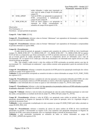 Guia Prático EFD – Versão 2.0.7
Atualização: dezembro de 2011
saídas tributadas e saídas para exportação no
valor total de saídas (Campo 06 dividido pelo
campo 07)
09 ICMS_APROP Valor de ICMS a ser apropriado na apuração do
ICMS, correspondente á multiplicação do
campo 05 pelo campo 08.
N - 02 O
10 SOM_ICMS_OC Valor de outros créditos a ser apropriado na
Apuração do ICMS, correspondente ao
somatório do campo 09 do registro G126.
N - 02 O
Observações:
Nível hierárquico - 2
Ocorrência – um (por período de apuração)
Campo 01 - Valor Válido: [G110];
Campos 02 - Preenchimento: informar a data no formato “ddmmaaaa” sem separadores de formatação e compreendidas
no período informado no registro 0000;
Campos 03 - Preenchimento: informar a data no formato “ddmmaaaa” sem separadores de formatação e compreendidas
no período informado no registro 0000;
Campo 04 – Preenchimento:
O saldo inicial do período de apuração é composto pelo somatório de créditos de ICMS de Ativo Imobilizado
(campos VL_IMOB_ICMS_OP + VL_IMOB_ICMS_ST + VL_IMOB_ICMS_FRT + VL_IMOB_ICMS_DIF do registro
G125) de bens ou componentes que foram escriturados no CIAP em períodos anteriores ao indicado nos campos 02 e 03,
que já tiveram parcela do crédito apropriado. Estes bens ou componentes devem ser informados com o tipo de
movimentação “SI” no registro G125, sendo que a data de movimentação a ser informada neste registro deverá ser a data
inicial do período de apuração.
Obs.: Não compõe o saldo inicial o valor dos créditos de ICMS escriturados em período anterior com tipo de
movimentação “IA – Imobilização em andamento”, cujos créditos somente serão apropriados a partir da conclusão do bem
principal.
Campo 05 - Preenchimento: informar o somatório das parcelas de ICMS passível de apropriação (totalização dos valores
contidos no campo 10 do registro G125)
Validação: O valor preenchido corresponde ao somatório de todos os valores informados no campo 10 (VL_PARC_PASS)
dos registros G125.
Campo 06 - Preenchimento: informar o somatório do valor das operações e/ou prestações tributadas pelo ICMS e do valor
das operações e/ou prestações relativas ao ICMS destinadas ao exterior, observada a legislação da unidade federada.
Validação: o valor informado deve ser menor ou igual ao valor informado no campo VL_TOTAL deste registro.
Campo 07 - Preenchimento: Informar o valor total das operações e/ou prestações relativas ao ICMS realizadas no período
de apuração, observada a legislação da unidade federada.
Campo 08 - Validação: informar o valor do índice de participação do valor das saídas tributadas/exportação no valor total
das saídas, correspondente ao resultado da divisão do campo VL_TRIB_EXP pelo campo VL_TOTAL.
Campo 09 - Preenchimento: informar o valor de ICMS a ser apropriado como crédito no período. Esse valor será
apropriado diretamente no Registro de Apuração do ICMS, como ajuste de apuração, salvo se a legislação obrigar à
emissão de documento fiscal.
Validação: o valor corresponde à multiplicação do valor constante no campo 05 (SOM_PARC) pelo índice calculado no
campo 08 (IND_PER_SAI)
Campo 10 - Preenchimento: informar o somatório de valores de outros créditos de ICMS de Ativo Imobilizado
apropriados no período e discriminados no registro G126. Esse somatório será apropriado diretamente no Registro de
Apuração do ICMS, como ajuste de apuração, salvo se a legislação obrigar à emissão de documento fiscal.
Validação: o valor preenchido corresponde ao somatório de todos os valores informados no campo 09
(VL_PARC_APROP) dos registros G126.
Página 132 de 174
 