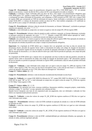 Guia Prático EFD – Versão 2.0.7
Atualização: dezembro de 2011
Campo 09 - Preenchimento: campo de preenchimento obrigatório para NF-e, COD_MOD igual a “55”, de emissão
própria ou de terceiros. A partir de abril de 2012, a chave da NF-e será obrigatória em todas as situações.
Validação: é conferido o dígito verificador (DV) da chave da NF-e. Este campo é de preenchimento obrigatório para
COD_MOD igual a “55”, quando o campo IND_EMIT for igual a “0”. Para confirmação inequívoca de que a chave da NF-
e corresponde aos dados informados do documento, será comparado o CNPJ existente na CHV_NFE com o campo CNPJ
do registro 0000, que corresponde ao CNPJ do informante do arquivo. Serão verificados a consistência da informação do
campo NUM_DOC e o número do documento contido na chave da NF-e. Será também comparada a UF codificada na
chave da NF-e com o campo UF informado no registro 0000.
Campo 10 - Preenchimento: informar a data de emissão do documento, no formato “ddmmaaaa”, excluindo-se quaisquer
caracteres de separação, tais como: “.”, “/”, “-”.
Validação: o valor informado no campo deve ser menor ou igual ao valor do campo DT_FIN do registro 0000.
Campo 11 - Preenchimento: informar a data de entrada ou saída, conforme a operação, no formato ddmmaaaa; excluindo-
se quaisquer caracteres de separação, tais como: “.”, “/”, “-”. Quando o campo IND_OPER indicar operação de “saída”,
este campo será informado apenas se o contribuinte possuir este dado em seus sistemas.
Validação: este campo deve ser menor ou igual ao valor do campo DT_FIN do registro 0000. Para operações de entrada ou
saída este valor deve ser maior ou igual à data de emissão (campo DT_DOC).
Nas operações de entradas de produtos este campo é sempre de preenchimento obrigatório.
Importante: Se a legislação do ICMS definir que o imposto deve ser apropriado com base na data de emissão dos
documentos fiscais, proceder da seguinte forma: todos os documentos de saídas com código de situação de documento
igual a “00” (documento regular) devem ser lançados no período de apuração informado no registro 0000, considerando a
data de emissão do documento, e, se a data de saída for maior que a data final do período de apuração, este campo não pode
ser preenchido.
Se a legislação do ICMS definir que o imposto deve ser apropriado com base na data da saída dos produtos, proceder da
seguinte forma: todos os documentos de saídas com código de situação de documento igual a “00” (documento regular)
devem ser lançados no período de apuração informado no registro 0000, considerando a data de saída do produto informada
no documento.
Campo 12 – Validação: o valor informado neste campo deve ser igual à soma do campo VL_OPR dos registros C190
(“filhos” deste registro C100). Nos casos em que houver divergência entre o valor total da nota fiscal e o somatório dos
valores da operação informados no reg. C190, serão objeto de mensagem de “Advertência”.
Campo 13 - Valores válidos: [0, 1, 9]
Campo 14 - Preenchimento: informar o valor do desconto incondicional discriminado na nota fiscal.
Campo 16 - Validação: se o campo COD_MOD for diferente de “55”, campo IND_EMIT for diferente de “0” e o campo
COD_SIT for igual “00” ou “01”, o valor informado no campo deve ser igual à soma do campo VL_ITEM dos registros
C170 (“filhos” deste registro C100).
Campo 17 - Valores válidos: [0, 1, 2, 9]
Preenchimento: Em operações tais como: remessas simbólicas, faturamento simbólico, transporte próprio, venda balcão,
informar o código “9 - sem frete”, ou seja, operações sem cobrança de frete.
Quando houver transporte com mais de um responsável pelo seu pagamento, deve ser informado o indicador do frete
relativo ao responsável pelo primeiro percurso.
Campo 21 - Validação: a soma dos valores do campo VL_BC_ICMS dos registros analíticos (C190) deve ser igual ao
valor informado neste campo.
Campo 22 – Preenchimento: informar o valor do ICMS creditado na operação de entrada ou o valor do ICMS debitado
na operação de saída.
Validação: a soma dos valores do campo VL_ICMS dos registros analíticos (C190) deve ser igual ao valor informado
neste campo.
Campo 23 - Validação: a soma dos valores do campo VL_BC_ICMS_ST dos registros analíticos (C190) deve ser igual ao
valor informado neste campo.
Campo 24 - Preenchimento: informar o valor do ICMS creditado/debitado por substituição tributária, nas operações de
entrada ou saída, conforme legislação aplicada.
Página 33 de 174
 
