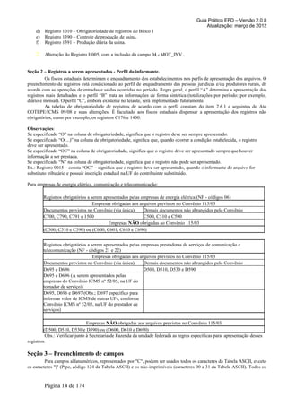 Guia Prático EFD – Versão 2.0.8
                                                                                            Atualização: março de 2012
    d) Registro 1010 – Obrigatoriedade de registros do Bloco 1
    e) Registro 1390 – Controle de produção de usina.
    f) Registro 1391 – Produção diária da usina.

    2. Alteração do Registro H005, com a inclusão do campo 04 - MOT_INV .

Seção 2 – Registros a serem apresentados - Perfil do informante.
         Os fiscos estaduais determinam o enquadramento dos estabelecimentos nos perfis de apresentação dos arquivos. O
preenchimento de registros está condicionado ao perfil de enquadramento das pessoas jurídicas e/ou produtores rurais, de
acordo com as operações de entradas e saídas ocorridas no período. Regra geral, o perfil “A” determina a apresentação dos
registros mais detalhados e o perfil “B” trata as informações de forma sintética (totalizações por período: por exemplo,
diário e mensal). O perfil “C”, embora existente no leiaute, será implementado futuramente.
         As tabelas de obrigatoriedade de registros de acordo com o perfil constam do item 2.6.1 e seguintes do Ato
COTEPE/ICMS 09/08 e suas alterações. É facultado aos fiscos estaduais dispensar a apresentação dos registros não
obrigatórios, como por exemplo, os registros C176 e 1400.

Observações:
Se especificado “O” na coluna de obrigatoriedade, significa que o registro deve ser sempre apresentado.
Se especificado “O(...)” na coluna de obrigatoriedade, significa que, quando ocorrer a condição estabelecida, o registro
deve ser apresentado.
Se especificado “OC” na coluna de obrigatoriedade, significa que o registro deve ser apresentado sempre que houver
informação a ser prestada.
Se especificado “N” na coluna de obrigatoriedade, significa que o registro não pode ser apresentado.
Ex.: Registro 0015 – consta “OC” – significa que o registro deve ser apresentado, quando o informante do arquivo for
substituto tributário e possuir inscrição estadual na UF do contribuinte substituído.

Para empresas de energia elétrica, comunicação e telecomunicação:

        Registros obrigatórios a serem apresentados pelas empresas de energia elétrica (NF - códigos 06)
                                  Empresas obrigadas aos arquivos previstos no Convênio 115/03
        Documentos previstos no Convênio (via única)       Demais documentos não abrangidos pelo Convênio
        C700, C790, C791 e 1500                            C500, C510 e C590
                                         Empresas NÃO obrigadas ao Convênio 115/03
        (C500, C510 e C590) ou (C600, C601, C610 e C690)


        Registros obrigatórios a serem apresentados pelas empresas prestadoras de serviços de comunicação e
        telecomunicação (NF - códigos 21 e 22)
                                  Empresas obrigadas aos arquivos previstos no Convênio 115/03
        Documentos previstos no Convênio (via única)       Demais documentos não abrangidos pelo Convênio
        D695 e D696                                        D500, D510, D530 e D590
        D695 e D696 (A serem apresentados pelas
        empresas do Convênio ICMS nº 52/05, na UF do
        tomador de serviço)
        D695, D696 e D697 (Obs.; D697 específico para
        informar valor de ICMS de outras UFs, conforme
        Convênio ICMS nº 52/05, na UF do prestador de
        serviços)

                                Empresas NÃO obrigadas aos arquivos previstos no Convênio 115/03
         (D500, D510, D530 e D590) ou (D600, D610 e D690)
          Obs.: Verificar junto à Secretaria de Fazenda da unidade federada as regras específicas para apresentação desses
registros.

Seção 3 – Preenchimento de campos
         Para campos alfanuméricos, representados por "C", podem ser usados todos os caracteres da Tabela ASCII, exceto
os caracteres "|" (Pipe, código 124 da Tabela ASCII) e os não-imprimíveis (caracteres 00 a 31 da Tabela ASCII). Todos os


        Página 14 de 174
 