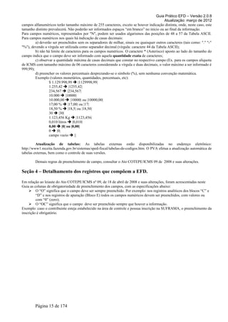 Guia Prático EFD – Versão 2.0.8
                                                                                            Atualização: março de 2012
campos alfanuméricos terão tamanho máximo de 255 caracteres, exceto se houver indicação distinta, onde, neste caso, este
tamanho distinto prevalecerá. Não poderão ser informados espaços “em branco” no início ou ao final da informação.
Para campos numéricos, representados por "N", podem ser usados algarismos das posições de 48 a 57 da Tabela ASCII.
Para campos numéricos nos quais há indicação de casas decimais:
         a) deverão ser preenchidos sem os separadores de milhar, sinais ou quaisquer outros caracteres (tais como: "." "-"
"%"), devendo a vírgula ser utilizada como separador decimal (vírgula: caractere 44 da Tabela ASCII);
         b) não há limite de caracteres para os campos numéricos. O caractere * (Asterisco) aposto ao lado do tamanho do
campo indica que o campo deve ser informado com aquela quantidade exata de caracteres;
         c) observar a quantidade máxima de casas decimais que constar no respectivo campo (Ex. para os campos alíquota
de ICMS com tamanho máximo de 06 caracteres considerando a vírgula e duas decimais, o valor máximo a ser informado é
999,99);
         d) preencher os valores percentuais desprezando-se o símbolo (%), sem nenhuma convenção matemática.
         Exemplo (valores monetários, quantidades, percentuais, etc):
                  $ 1.129.998,99  |1129998,99|
                  1.255,42  |1255,42|
                  234,567  |234,567|
                  10.000  |10000|
                  10.000,00  |10000| ou |10000,00|
                  17,00 %  |17,00| ou |17|
                  18,50 %  |18,5| ou |18,50|
                  30  |30|
                  1.123,456 Kg  |1123,456|
                  0,010 litros  |0,010|
                  0,00  |0| ou |0,00|
                  0  |0|
                  campo vazio  ||

         Atualização de tabelas: As tabelas externas estão disponibilizadas no endereço eletrônico:
http://www1.receita.fazenda.gov.br/sistemas/sped-fiscal/tabelas-de-codigos.htm. O PVA efetua a atualização automática de
tabelas externas, bem como o controle de suas versões.

        Demais regras de preenchimento de campo, consultar o Ato COTEPE/ICMS 09 de 2008 e suas alterações.

Seção 4 – Detalhamento dos registros que compõem a EFD.

Em relação ao leiaute do Ato COTEPE/ICMS nº 09, de 18 de abril de 2008 e suas alterações, foram acrescentadas neste
Guia as colunas de obrigatoriedade de preenchimento dos campos, com as especificações abaixo:
      O “O” significa que o campo deve ser sempre preenchido. Por exemplo: nos registros analíticos dos blocos “C” e
         “D” e nos registros de apuração (Bloco E) todos os campos numéricos devem ser preenchidos, com valores ou
         com “0” (zero);
      O “OC” significa que o campo deve ser preenchido sempre que houver a informação.
Exemplo :caso o contribuinte esteja estabelecido na área de controle e possua inscrição na SUFRAMA, o preenchimento da
inscrição é obrigatório.




        Página 15 de 174
 