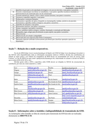 Guia Prático EFD – Versão 2.0.8
                                                                                               Atualização: março de 2012
           aparelhos de gravação ou de reprodução de imagens e de som em televisão, e suas partes e acessórios
      86   Veículos e material para vias férreas ou semelhantes, e suas partes; aparelhos mecânicos (incluídos os
           eletromecânicos) de sinalização para vias de comunicação
      87   Veículos automóveis, tratores, ciclos e outros veículos terrestres, suas partes e acessórios
      88   Aeronaves e aparelhos espaciais, e suas partes
      89   Embarcações e estruturas flutuantes
      90   Instrumentos e aparelhos de óptica, fotografia ou cinematografia, medida, controle ou de precisão;
           instrumentos e aparelhos médico-cirúrgicos; suas partes e acessórios
      91   Aparelhos de relojoaria e suas partes
      92   Instrumentos musicais, suas partes e acessórios
      93   Armas e munições; suas partes e acessórios
      94   Móveis, mobiliário médico-cirúrgico; colchões; iluminação e construção pré-fabricadas
      95   Brinquedos, jogos, artigos para divertimento ou para esporte; suas partes e acessórios
      96   Obras diversas
      97   Objetos de arte, de coleção e antiguidades
      98   (Reservado para usos especiais pelas Partes Contratantes)
      99   Operações especiais (utilizado exclusivamente pelo Brasil para classificar operações especiais na
           exportação)




Seção 7 – Relação dos e-mails corporativos.
         No site do SPED (http://www1.receita.fazenda.gov.br/Sped/), do CONFAZ (http://www.fazenda.gov.br/confaz/) e
das SEFAZ estão disponibilizadas todas as informações necessárias relativas à EFD.As dúvidas dos contribuintes em
relação às regras gerais e aos tributos de competência da RFB devem ser encaminhadas por meio do serviço “Fale
Conosco” no site do SPED (ou pelo email: sped@receita.fazenda.gov.br), relacionando no assunto a divisão do SPED a
que se refere (EFD, ECD, NF-e, etc).
         Dúvidas gerais sobre a EFD e específicas sobre ICMS devem ser dirigidas às SEFAZ da circunscrição do
contribuinte, por meio de e-mail corporativo, a saber:

        Acre               efd@ac.gov.br                       Paraíba               sped@receita.pb.gov.br
        Alagoas            sped-efd@sefaz.al.gov.br            Pará                  spedfiscal@sefa.pa.gov.br
        Amapá              sped@sre.ap.gov.br                  Paraná                sped_fiscal@sefa.pr.gov.br
        Amazonas           efd@sefaz.am.gov.br                 Piauí                 sped@sefaz.pi.gov.br
                           faleconosco@sefaz.ba.gov.
        Bahia              br                                  Rio de Janeiro      spedrj@sef.rj.gov.br
        Ceará              sped@sefaz.ce.gov.br                Rio Grande do Norte spedfiscal@set.rn.gov.br
        Espírito Santo     spedfiscal@sefaz.es.gov.br          Rio Grande do Sul   uee@sefaz.rs.gov.br
                           sped-
        Goiás              fiscal@sefaz.go.gov.br              Rondônia              sped@sefin.ro.gov.br
        Mato Grosso        efd@sefaz.mt.gov.br                 Roraima               spedfiscal@sefaz.rr.gov.br
        Mato Grosso do Sul efd@fazenda.ms.gov.br               Santa Catarina        caf_sped@sefaz.sc.gov.br
                                                                                     http://www.fazenda.sp.gov.br
        Maranhão             sped@sefaz.ma.gov.br              São Paulo             /email/default2.asp
        Minas Gerais         sped@fazenda.mg.gov.br            Sergipe               sped.fiscal@sefaz.se.gov.br
                                                               Tocantins             efd@sefaz.to.gov.br



Seção 8 – Informações sobre a lentidão e indisponibilidade de transmissão da EFD.
As reclamações sobre lentidão ou falta de conexão para transmissão da EFD deverão ser realizadas
diretamente no 0800 978 23 38.


        Página 170 de 174
 