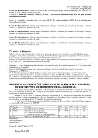 Guia Prático EFD – Versão 2.0.8
                                                                                     Atualização: março de 2012
Campo 24 - Preenchimento: informar o valor do ICMS creditado/debitado por substituição tributária, nas operações de
entrada ou saída, conforme legislação aplicada.
Validação: A soma dos valores do campo VL_ICMS_ST dos registros analíticos (C190) deve ser igual ao valor
informado neste campo.

Campo 25 - Validação: a soma dos valores do campo VL_IPI dos registros analíticos (C190) deve ser igual ao valor
informado neste campo.

Campo 26 - Preenchimento: informar o valor do montante creditado, se existente, nas operações de entrada e o montante
debitado, se existente, nas operações de saída.

Campo 27 - Preenchimento: informar o valor do montante creditado, se existente, nas operações de entrada e o montante
debitado, se existente, nas operações de saída.

Campo 28 - Preenchimento: informar o valor do montante creditado, se existente, nas operações de entrada e o montante
debitado, se existente, nas operações de saída.

Campo 29 - Preenchimento: informar o valor do montante creditado, se existente, nas operações de entrada e o montante
debitado, se existente, nas operações de saída.



Perguntas e Respostas
1) Como deve ser a apresentação da nota fiscal nesse registro quando ocorrerem situações em que a legislação disponha
que alguns valores devem ser zerados na escrituração da nota fiscal? Deve seguir a mesma regra de escrituração dos livros
fiscais? Ou deve ser apresentado o valor conforme destacado no documento?
Resposta: O contribuinte obrigado à EFD deve seguir as regras estaduais de escrituração existentes, lançando ou não o
ICMS e o ICMS ST a ser efetivamente debitado ou creditado.

2) Campo 15 - Valor do abatimento não tributado e não comercial: além do exemplo do desconto da ZFM em qual outra
situação deve ser preenchido?
Resposta: Cada legislação estadual prevê situações específicas. Abaixo, exemplo de duas situações previstas no
Regulamento do ICMS/MG.
Sit. 1 - Quando a aplicação da redução de base de cálculo ficar condicionada ao repasse para o contribuinte do valor
equivalente ao imposto dispensado na operação. Exemplo: SEF MG - RICMS/02, Anexo IV, item 2 (condição 2.1, b).
Sit. 2 - Isenção com repasse para o contribuinte na saída, em operação interna, de mercadoria ou bem destinado a órgãos da
administração pública estadual direta, suas fundações e autarquias. Exemplo: SEF MG - RICMS/02, Anexo I, item 136.


REGISTRO C105: OPERAÇÕES COM ICMS ST RECOLHIDO PARA UF DIVERSA
    DO DESTINATÁRIO DO DOCUMENTO FISCAL (CÓDIGO 55).
         Este registro tem por objetivo identificar a UF destinatária do recolhimento do ICMS ST, quando esta for diversa
da UF do destinatário do produto. Ex. Leasing de veículo quando a entidade financeira está localizada em uma UF e o
destinatário do produto em outra UF.
         Durante o ano de 2009, as empresas sujeitas ao recolhimento a UFs diferentes do destinatário dos produtos
deverão estornar o débito correspondente à UF do destinatário do documento fiscal e deverão adicionar o valor
correspondente na apuração do ICMS ST para a UF do recolhimento do tributo.
         A partir de período de apuração de janeiro de 2010, essas empresas deverão utilizar o registro C105 para que possa
ser identificada a UF de destino do ICMS ST.

Nº    Campo             Descrição                                          Tipo    Tam     Dec     Entr.     Saídas
1     REG               Texto fixo contendo "C105"                         C       004     -        O          O
2     OPER              Indicador do tipo de operação:                     N       001*    -        O          O
                        0- Combustíveis e Lubrificantes;
                        1- leasing de veículos ou faturamento direto.
3     UF                Sigla da UF de destino do ICMS_ST                  C       002*    -         O         O
Observações:
Nível hierárquico - 3
Ocorrência - 1:1

Campo 01 - Valor Válido: [C105]


        Página 34 de 174
 