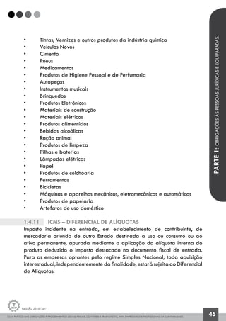 GUIA PRÁTICO DAS OBRIGAÇÕES E PROCEDIMENTOS LEGAIS, FISCAIS, CONTÁBEIS E TRABALHISTAS, PARA EMPRESÁRIOS E PROFISSIONAIS DA CONTABILIDADE.
Gestão 2010/2011
45
•	 Tintas, Vernizes e outros produtos da indústria química
•	 Veículos Novos
•	 Cimento
•	 Pneus
•	 Medicamentos
•	 Produtos de Higiene Pessoal e de Perfumaria
•	 Autopeças
•	 Instrumentos musicais
•	 Brinquedos
•	 Produtos Eletrônicos
•	 Materiais de construção
•	 Materiais elétricos
•	 Produtos alimentícios
•	 Bebidas alcoólicas
•	 Ração animal
•	 Produtos de limpeza
•	 Pilhas e baterias
•	 Lâmpadas elétricas
•	 Papel
•	 Produtos de colchoaria
•	 Ferramentas
•	 Bicicletas
•	 Máquinas e aparelhos mecânicos, eletromecânicos e automáticos
•	 Produtos de papelaria
•	 Artefatos de uso doméstico
1.4.11		 ICMS – Diferencial de Alíquotas
Imposto incidente na entrada, em estabelecimento de contribuinte, de
mercadoria oriunda de outro Estado destinada a uso ou consumo ou ao
ativo permanente, apurada mediante a aplicação da alíquota interna do
produto deduzido o imposto destacado no documento fiscal de entrada.
Para as empresas optantes pelo regime Simples Nacional, toda aquisição
interestadual, independentemente da finalidade, estará sujeita ao Diferencial
de Alíquotas.
PARTE1:OBRIGAÇÕESÀSPESSOASJURÍDICASEEQUIPARADAS.
 