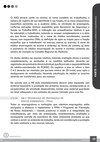 GUIA PRÁTICO DAS OBRIGAÇÕES E PROCEDIMENTOS LEGAIS, FISCAIS, CONTÁBEIS E TRABALHISTAS, PARA EMPRESÁRIOS E PROFISSIONAIS DA CONTABILIDADE.
Gestão 2010/2011
29
O ASO deverá conter no mínimo: a) nome completo do trabalhador, o
número de registro de sua identidade e sua função; b) os riscos ocupacionais
específicos existentes, ou a ausência deles, na atividade do empregado,
conforme instruções técnicas expedidas pela Secretaria de Segurança e
Saúde no Trabalho-SSST; c) indicação dos procedimentos médicos a que
foi submetido o trabalhador, incluindo os exames complementares e a data
em que foram realizados; d) o nome do médico coordenador, quando
houver, com respectivo CRM; e) definição de apto ou inapto para a função
específica que o trabalhador vai exercer, exerce ou exerceu; f) nome do
médico encarregado do exame e endereço ou forma de contato; g) data
e assinatura do médico encarregado do exame e carimbo contendo seu
número de inscrição no Conselho Regional de Medicina.
Os dados obtidos nos exames médicos, incluindo avaliação clínica e exames
complementares, as conclusões e as medidas aplicadas deverão ser
registrados em prontuário clínico individual, que ficará sob a responsabilidade
do médico-coordenador do PCMSO. Os registros a que se refere o item
7.4.5 deverão ser mantidos por período mínimo de 20 (vinte) anos após o
desligamento do trabalhador. Havendo substituição do médico os arquivos
deverão ser transferidos para seu sucessor.
De acordo com a NR todo estabelecimento deverá estar equipado com
material necessário à prestação dos primeiros socorros, considerando-se as
características da atividade desenvolvida; manter esse material guardado
em local adequado e aos cuidados de pessoa treinada para esse fim.
1.3.14		 NR 9	Programa de Prevenção de
		 Riscos Ambientais – PPRA
Todos os empregadores e instituições que admitam empregados estão
obrigados a elaborar e implementar o PPRA – Programa de Prevenção
de Riscos Ambientais – visando preservar a saúde e a integridade dos
trabalhadores, por meio da antecipação, reconhecimento, avaliação e
conseqüente controle da ocorrência de riscos ambientais existentes ou que
venham a existir no ambiente de trabalho, tendo em consideração a proteção
do meio ambiente e dos recursos naturais.
PARTE1:OBRIGAÇÕESÀSPESSOASJURÍDICASEEQUIPARADAS.
 