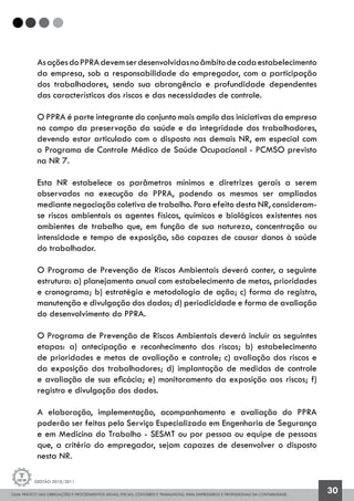GUIA PRÁTICO DAS OBRIGAÇÕES E PROCEDIMENTOS LEGAIS, FISCAIS, CONTÁBEIS E TRABALHISTAS, PARA EMPRESÁRIOS E PROFISSIONAIS DA CONTABILIDADE.
Gestão 2010/2011
30
AsaçõesdoPPRAdevemserdesenvolvidasnoâmbitodecadaestabelecimento
da empresa, sob a responsabilidade do empregador, com a participação
dos trabalhadores, sendo sua abrangência e profundidade dependentes
das características dos riscos e das necessidades de controle.
O PPRA é parte integrante do conjunto mais amplo das iniciativas da empresa
no campo da preservação da saúde e da integridade dos trabalhadores,
devendo estar articulado com o disposto nas demais NR, em especial com
o Programa de Controle Médico de Saúde Ocupacional - PCMSO previsto
na NR 7.
Esta NR estabelece os parâmetros mínimos e diretrizes gerais a serem
observados na execução do PPRA, podendo os mesmos ser ampliados
mediante negociação coletiva de trabalho. Para efeito desta NR, consideram-
se riscos ambientais os agentes físicos, químicos e biológicos existentes nos
ambientes de trabalho que, em função de sua natureza, concentração ou
intensidade e tempo de exposição, são capazes de causar danos à saúde
do trabalhador.
O Programa de Prevenção de Riscos Ambientais deverá conter, a seguinte
estrutura: a) planejamento anual com estabelecimento de metas, prioridades
e cronograma; b) estratégia e metodologia de ação; c) forma do registro,
manutenção e divulgação dos dados; d) periodicidade e forma de avaliação
do desenvolvimento do PPRA.
O Programa de Prevenção de Riscos Ambientais deverá incluir as seguintes
etapas: a) antecipação e reconhecimento dos riscos; b) estabelecimento
de prioridades e metas de avaliação e controle; c) avaliação dos riscos e
da exposição dos trabalhadores; d) implantação de medidas de controle
e avaliação de sua eficácia; e) monitoramento da exposição aos riscos; f)
registro e divulgação dos dados.
A elaboração, implementação, acompanhamento e avaliação do PPRA
poderão ser feitas pelo Serviço Especializado em Engenharia de Segurança
e em Medicina do Trabalho - SESMT ou por pessoa ou equipe de pessoas
que, a critério do empregador, sejam capazes de desenvolver o disposto
nesta NR.
 