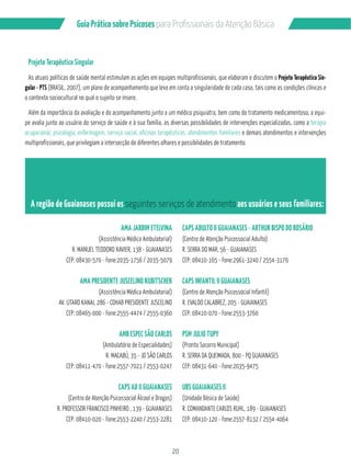 20
GuiaPráticosobrePsicoses
Projeto Terapêutico Singular
As atuais políticas de saúde mental estimulam as ações em equipes multiprofissionais, que elaboram e discutem o Projeto Terapêutico Sin-
gular - PTS (BRASIL, 2007), um plano de acompanhamento que leva em conta a singularidade de cada caso, tais como as condições clínicas e
o contexto sociocultural no qual o sujeito se insere.
-
pe avalia junto ao usuário do serviço de saúde e à sua família, as diversas possibilidades de intervenções especializadas, como a terapia
ocupacional, psicologia, enfermagem, serviço social, oficinas terapêuticas, atendimentos familiares e demais atendimentos e intervenções
multiprofissionais, que privilegiam a intersecção de diferentes olhares e possibilidades de tratamento.
A região de Guaianases possui os seguintes serviços de atendimento aos usuários e seus familiares:
AMA JARDIM ETELVINA
(Assistência Médica Ambulatorial)
R. MANUEL TEODORO XAVIER, 138 - GUAIANASES
CEP: 08430-570 - Fone:2035-1756 / 2035-5079
AMA PRESIDENTE JUSCELINO KUBITSCHEK
(Assistência Médica Ambulatorial)
AV. UTARO KANAI, 286 - COHAB PRESIDENTE JUSCELINO
CEP: 08465-000 - Fone:2555-4474 / 2555-0360
AMB ESPEC SÃO CARLOS
(Ambulatório de Especialidades)
R. MACABÚ, 35 - JD SÃO CARLOS
CEP: 08411-470 - Fone:2557-7021 / 2553-0247
CAPS AD II GUAIANASES
(Centro de Atenção Psicossocial Álcool e Drogas)
R. PROFESSOR FRANCISCO PINHEIRO , 139 - GUAIANASES
CEP: 08410-020 - Fone:2553-2240 / 2553-2281
CAPS ADULTO II GUAIANASES - ARTHUR BISPO DO ROSÁRIO
(Centro de Atenção Psicossocial Adulto)
R. SERRA DO MAR, 56 - GUAIANASES
CEP: 08410-165 - Fone:2961-3240 / 2554-3179
CAPS INFANTIL II GUAIANASES
(Centro de Atenção Psicossocial Infantil)
R. EVALDO CALABREZ, 205 - GUAIANASES
CEP: 08410-070 - Fone:2553-3760
PSM JULIO TUPY
(Pronto Socorro Municipal)
R. SERRA DA QUEIMADA, 800 - PQ GUAIANASES
CEP: 08431-640 - Fone:2035-9475
UBS GUAIANASES II
(Unidade Básica de Saúde)
R. COMANDANTE CARLOS RUHL, 189 - GUAIANASES
CEP: 08410-120 - Fone:2557-8132 / 2554-4064
 