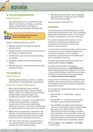 BIOLOGIA
IX. FILO DOS EQUINODERMOS                                           V. Mamíferos: mais desenvolvidos; pele com glândulas
                                                                       sudoríparas e pelos. Coração com quatro cavidades,
CARACTERÍSTICAS                                                        não ocorre mistura de sangue.
• São exclusivamente marinhos, apresentam pele com                  Agora passaremos ao estudo dos vírus
  espinhos. São triblásticos, celomados, com simetria
  radiada. Animais de vida livre, predadores ou
  detritívoros com corpo sem cabeça, não segmentado.
                                                                    VIROLOGIA
                                                                    Os vírus são parasitas intracelular obrigatórios, pois só
                                                                    apresentam característica de ser vivo, como a reprodução,
         Único invertebrado deuterostômio (com o                    quando estão de dentro de uma célula. Fora da célula se
         blastóporo originando o ânus).                             cristalizam, comportando–se como seres inanimados.
                                                                    Eles utilizam a maquinaria biossintética da célula
Conheça as classes que pertencem a esse ﬁlo.                        hospedeira, pois não possuem orgânulos nem
                                                                    enzimas para a síntese de seus constituintes
a) Equinóide: (ouriços), corpo bojudo com espinhos                  (proteínas, ácido nucléico).
   grandes e móveis.
                                                                     Por não possuírem metabolismo próprio, eles parasitam
b) Asteróide: (estrela), corpo em forma de estrela com 5 ou         células para ter acesso a substâncias orgânicas que
   mais braços com espinhos pequenos.                               necessitam (aminoácidos, ATP, nucleotídeos,
c) Crinóide: (lírio), corpo em forma de estrela com braços          carboidratos), além da maquinaria enzimática celular
   sem espinhos.                                                    para a construção de novos vírus.
d) Holoturóide: (pepino), corpo cilíndrico sem braços e             Eles podem possuir DNA e/ou RNA envolvido por uma
   espinhos.                                                        cápsula protéica chamada de capsídio.
e) Oﬁuróide: (serpente), corpo estrelado com disco central          Os ácidos nucléicos contém as informações
   e espinhos nos braços.                                           características de cada vírus. A especiﬁcidade viral é
                                                                    determinada pelas proteínas do capsídeo ou envoltório
                                                                    viral que possui aﬁnidade com proteínas encontradas na
FILO CHORDATA                                                       membrana de determinadas células, possibilitando o
CARACTERÍSTICAS                                                     vírus infectar um tipo de célula especíﬁco.
• Notocorda, fendas branquiais, triblásticos, celomados,            É muito importante entender que os vírus possuem ação
  simetria bilateral, corpo segmentado, deuterostômios.             antigênica, pois quando presentes no organismo atuam
                                                                    como antígenos, estimulando as defesas e propiciando a
CRANIADOS (SUBFILO VERTEBRADOS)                                     formação de anticorpos.
I. Peixes: corpo revestido por escamas, respiração                  Os vírus podem ser classiﬁcados de acordo com o tipo de
   branquial (alguns pulmonados), sistema circulatório              ácido nucléico em:
   fechado, coração com 2 cavidades (aurícula e ventrículo),
   circulação simples, onde passa sangue venoso.                    • Vírus com DNA – Ex.: bacteriófago - infectam
   Cartilaginosos (condrictes) e ósseos (osteíctes).                  bactérias.
II. Anfíbios: pele lisa, sem escamas, rica em glândulas que         • Vírus com RNA – Ex.: a inﬂuenza que causa a gripe,
    a mantém úmida, possibilitando a respiração.                      infectando a mucosa do aparelho respiratório.
    Esqueleto ósseo com musculatura desenvolvida.
                                                                    • Vírus com RNA e transcriptase reversa (retrovírus)
    Coração com 2 aurículas e 1 ventrículo; circulação dupla
                                                                      – possuem a transcriptase reversa (enzima que produz
    e incompleta (mistura o sangue venoso com o arterial).
                                                                      DNA a partir de um molde de RNA). Ex.: HIV que
III. Répteis: pele seca queratinizada, impermeável e sem              infecta células do sistema imunológico causando a
     glândulas. As cobras não possuem membros. Coração                AIDS. O HIV possui 2 moléculas de RNA, além de uma
     com quatro cavidades mais ocorre mistura de sangue               transcriptase reversa, e uma integrase que promove a
     venoso e arterial com exceção dos Crocodilianos.                 integração do DNA viral ao DNA humano. Também se
                                                                      observa um folheto lipídico envolvendo o capsídio.
IV. Aves: corpo coberto com penas, ossos pneumáticos e
    ossos ocos para facilitar o vôo. Coração com quatro             RNA viral t.reversa – DNA – transcreve – RNAm traduz
    cavidades, não ocorre mistura de sangue.                        – Proteínas virais.

                                                               12
 