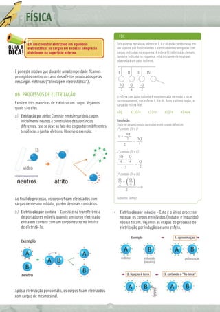 FÍSICA
                                                                          FDC
        Em um condutor eletrizado em equilíbrio                         Três esferas metálicas idênticas I, II e III estão penduradas em
        eletrostático, as cargas em excesso sempre se                   um suporte por ﬁos isolantes e eletricamente carregadas com
        distribuem na superfície externa.                               cargas indicadas no esquema. A esfera IV, idêntica às demais,
                                                                        também indicada no esquema, está inicialmente neutra e
                                                                        adaptada a um cabo isolante.


É por este motivo que durante uma tempestade ﬁcamos                      I       II       III     IV
protegidos dentro do carro dos efeitos provocados pelas
descargas elétricas (“blindagem eletrostática”).
                                                                          3Q          Q      -Q
                                                                           2          4       2
06. PROCESSOS DE ELETRIZAÇÃO                                            A esfera com cabo isolante é movimentada de modo a tocar,
                                                                        sucessivamente, nas esferas I, II e III. Após o ultimo toque, a
Existem três maneiras de eletrizar um corpo. Vejamos                    carga da esfera IV é:
quais são elas.
                                                                        a) Q          b) 3Q/4     c) Q/2       d) Q/4        e) nula
a) Eletrização por atrito: Consiste em esfregar dois corpos
   inicialmente neutros e constituídos de substâncias                   Resolução.
   diferentes. Isso se deve ao fato dos corpos terem diferentes         Trata-se de um contato sucessivo entre corpos idênticos.
                                                                        1° contato (IV e I)
   tendências a ganhar elétrons. Observe o exemplo:
                                                                               3Q
                                                                         0+
                                                                                2         3Q
                                                                                      =
                                                                              2             4

                                                                        2° contato (IV e II)
                                                                         3Q       Q
                                                                               +
                                                                          4       4          Q
                                                                                        =
                                                                              2              2

                                                                        3° contato (IV e III)
                                                                         Q        Q
                                                                             +
                                                                         2         4
                                                                                           =0
                                                                               2

Ao ﬁnal do processo, os corpos ﬁcam eletrizados com                     Gabarito: letra E.
cargas de mesmo módulo, porém de sinais contrários.
b) Eletrização por contato – Consiste na transferência                 • Eletrização por indução – Este é o único processo
   de portadores móveis quando um corpo eletrizado                       no qual os corpos envolvidos (indutor e induzido)
   entra em contato com um corpo neutro no intuito                       não se tocam. Vejamos as etapas do processo de
   de eletrizá-lo.                                                       eletrização por indução de uma esfera.




Após a eletrização por contato, os corpos ﬁcam eletrizados
com cargas de mesmo sinal.

                                                                  18
 