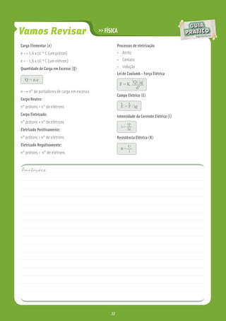 Vamos Revisar                              >> FÍSICA

Carga Elementar (e)                                   Processos de eletrização
             -19
e = + 1,6 x 10 C (um próton)                          • Atrito
e = - 1,6 x 10-19 C (um elétron)                      • Contato
Quantidade de Carga em Excesso (Q)                    • Indução
                                                      Lei de Coulomb - Força Elétrica
  Q = n.e
                                                       F = K. Q .2 q
                                                               d
n → n° de portadores de carga em excesso
                                                      Campo Elétrico (E)
Corpo Neutro:
n° prótons = n° de elétrons                             E=F/q
Corpo Eletrizado:                                     Intensidade da Corrente Elétrica (i)
n° prótons ≠ n° de elétrons                                  Q
                                                        i=
Eletrizado Positivamente:                                    ∆t

n° prótons > n° de elétrons                           Resistência Elétrica (R)
Eletrizado Negativamente:                                    U
                                                        R=
n° prótons < n° de elétrons                                  i




Anotações:




                                                 22
 