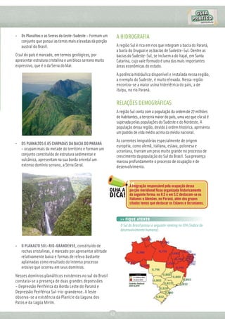 • Os Planaltos e as Serras do Leste-Sudeste – Formam um         A HIDROGRAFIA
  conjunto que possui as terras mais elevadas da porção
  austral do Brasil.                                            A região Sul é rica em rios que integram a bacia do Paraná,
                                                                a bacia do Uruguai e as bacias de Sudeste-Sul. Dentre as
O sul do país é marcado, em termos geológicos, por              bacias do Sudeste-Sul, se incluem a do Itajaí, em Santa
apresentar estrutura cristalina e um bloco serrano muito        Catarina, cujo vale formado é uma das mais importantes
expressivo, que é o da Serra do Mar.                            áreas econômicas do estado.
                                                                A potência hidráulica disponível e instalada nessa região,
                                                                a exemplo do Sudeste, é muito elevada. Nessa região
                                                                encontra-se a maior usina hidrelétrica do país, a de
                                                                Itaipu, no rio Paraná.

                                                                RELAÇÕES DEMOGRÁFICAS
                                                                A região Sul conta com a população da ordem de 27 milhões
                                                                de habitantes, a terceira maior do país, uma vez que ela só é
                                                                superada pelas populações do Sudeste e do Nordeste. A
                                                                população dessa região, devido à ordem histórica, apresenta
                                                                um padrão de vida médio acima da média nacional.
                                                                As correntes imigratórias especialmente de origem
• OS PLANALTOS E AS CHAPADAS DA BACIA DO PARANÁ
                                                                européia, como alemã, italiana, eslava, polonesa e
  - ocupam mais da metade do território e formam um             ucraniana, tiveram um peso muito grande no processo de
  conjunto constituído de estrutura sedimentar e                crescimento da população do Sul do Brasil. Sua presença
  vulcânica, apresentam na sua borda oriental um                marcou profundamente o processo de ocupação e de
  extenso domínio serrano, a Serra Geral.                       desenvolvimento.



                                                                        A imigração responsável pela ocupação dessa
                                                                        porção meridional ﬁcou organizada historicamente
                                                                        da seguinte forma: no R.S e em S.C destacam-se os
                                                                        Italianos e Alemães, no Paraná, além dos grupos
                                                                        citados temos que destacar os Eslavos e Ucranianos.



                                                                  >> FIQUE ATENTO
                                                                  O Sul do Brasil possui o seguinte ranking no IDH (índice de
                                                                  desenvolvimento humano).



• O PLANALTO SUL-RIO-GRANDENSE, constituído de
  rochas cristalinas, é marcado por apresentar altitude
  relativamente baixa e formas de relevo bastante
  aplainadas como resultado do intenso processo
  erosivo que ocorreu em seus domínios.
Nesses domínios planálticos existentes no sul do Brasil
constata-se a presença de duas grandes depressões
– Depressão Periférica da Borda Leste do Paraná e
Depressão Periférica Sul-rio-grandense. A leste
observa-se a existência da Planície da Laguna dos
Patos e da Lagoa Mirim.

                                                           57
 