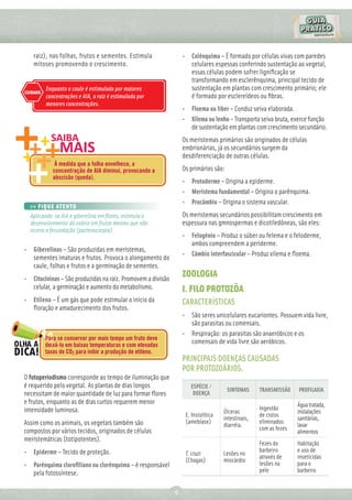 raiz), nas folhas, frutos e sementes. Estimula                • Colênquima – É formado por células vivas com paredes
   mitoses promovendo o crescimento.                               celulares espessas conferindo sustentação ao vegetal,
                                                                   essas células podem sofrer ligniﬁcação se
                                                                   transformando em esclerênquima, principal tecido de
          Enquanto o caule é estimulado por maiores                sustentação em plantas com crescimento primário; ele
CUIDADO
          concentrações e AIA, a raiz é estimulada por             é formado por esclereídeos ou ﬁbras.
          menores concentrações.
                                                                 • Floema ou líber – Conduz seiva elaborada.
                                                                 • Xilema ou lenho – Transporta seiva bruta, exerce função
                                                                   de sustentação em plantas com crescimento secundário.
                                                                 Os meristemas primários são originados de células
                                                                 embrionárias, já os secundários surgem da
                                                                 desdiferenciação de outras células.
              À medida que a folha envelhece, a
             concentração de AIA diminui, provocando a           Os primários são:
             abscisão (queda).
                                                                 • Protoderme – Origina a epiderme.
                                                                 • Meristema fundamental – Origina o parênquima.
                                                                 • Procâmbio – Origina o sistema vascular.
  >> FIQUE ATENTO
  Aplicando-se AIA e giberelina em ﬂores, estimula o             Os meristemas secundários possibilitam crescimento em
  desenvolvimento do ovário em frutos mesmo que não              espessura nas gmnospermas e dicotiledôneas, são eles:
  ocorra a fecundação (partenocarpia).
                                                                 • Felogênio – Produz o súber ou felema e o feloderme,
                                                                   ambos compreendem a periderme.
• Giberelinas – São produzidas em meristemas,
                                                                 • Câmbio interfascicular – Produz xilema e ﬂoema.
  sementes imaturas e frutos. Provoca o alongamento do
  caule, folhas e frutos e a germinação de sementes.
• Citocininas – São produzidas na raiz. Promovem a divisão
                                                                 ZOOLOGIA
  celular, a germinação e aumento do metabolismo.                I. FILO PROTOZÕA
• Etileno – É um gás que pode estimular o início da              CARACTERÍSTICAS
  ﬂoração e amadurecimento dos frutos.
                                                                 • São seres unicelulares eucariontes. Possuem vida livre,
                                                                   são parasitas ou comensais.
                                                                 • Respiração: os parasitas são anaeróbicos e os
          Para se conservar por mais tempo um fruto deve
          deixá-lo em baixas temperaturas e com elevadas
                                                                   comensais de vida livre são aeróbicos.
          taxas de CO2 para inibir a produção de etileno.
                                                                 PRINCIPAIS DOENÇAS CAUSADAS
                                                                 POR PROTOZOÁRIOS.
O fotoperiodismo corresponde ao tempo de iluminação que
é requerido pelo vegetal. As plantas de dias longos                 ESPÉCIE /
                                                                                     SINTOMAS     TRANSMISSÃO    PROFILAXIA
necessitam de maior quantidade de luz para formar ﬂores              DOENÇA
e frutos, enquanto as de dias curtos requerem menor                                                              Água tratada,
intensidade luminosa.                                                                             Ingestão
                                                                                   Úlceras                       instalações
                                                                  E. histolítica                  de cistos
                                                                                   intestinais,                  sanitárias,
Assim como os animais, os vegetais também são                     (amebíase)                      eliminados
                                                                                   diarréia.                     lavar
compostos por vários tecidos, originados de células                                               com as fezes
                                                                                                                 alimentos
meristemáticas (totipotentes).
                                                                                                  Fezes do       Habitação
• Epiderme – Tecido de proteção.                                                                  barbeiro       e uso de
                                                                  T. cruzi         Lesões no
                                                                                                  através de     inseticidas
                                                                  (Chagas)         miocárdio
• Parênquima cloroﬁliano ou clorênquima – é responsável                                           lesões na      para o
  pela fotossíntese.                                                                              pele           barbeiro


                                                             9
 