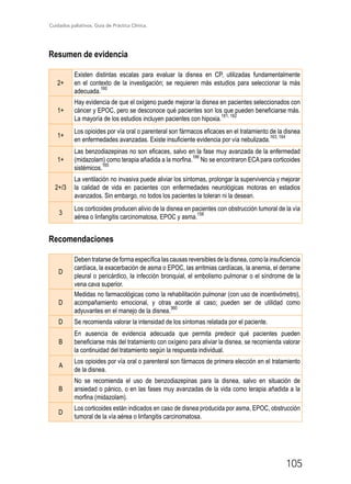 Cuidados paliativos. Guía de Práctica Clínica.
105
Resumen de evidencia
2+
Existen distintas escalas para evaluar la disnea en CP, utilizadas fundamentalmente
en el contexto de la investigación; se requieren más estudios para seleccionar la más
adecuada.
160
1+
Hay evidencia de que el oxígeno puede mejorar la disnea en pacientes seleccionados con
cáncer y EPOC, pero se desconoce qué pacientes son los que pueden beneficiarse más.
La mayoría de los estudios incluyen pacientes con hipoxia.
161, 162
1+
Los opioides por vía oral o parenteral son fármacos eficaces en el tratamiento de la disnea
en enfermedades avanzadas. Existe insuficiente evidencia por vía nebulizada.
163, 164
1+
Las benzodiazepinas no son eficaces, salvo en la fase muy avanzada de la enfermedad
(midazolam) como terapia añadida a la morfina.
166
No se encontraron ECA para corticoides
sistémicos.
165
2+/3
La ventilación no invasiva puede aliviar los síntomas, prolongar la supervivencia y mejorar
la calidad de vida en pacientes con enfermedades neurológicas motoras en estadios
avanzados. Sin embargo, no todos los pacientes la toleran ni la desean.
3
Los corticoides producen alivio de la disnea en pacientes con obstrucción tumoral de la vía
aérea o linfangitis carcinomatosa, EPOC y asma.
158
Recomendaciones
D
Deben tratarse de forma específica las causas reversibles de la disnea, como la insuficiencia
cardíaca, la exacerbación de asma o EPOC, las arritmias cardíacas, la anemia, el derrame
pleural o pericárdico, la infección bronquial, el embolismo pulmonar o el síndrome de la
vena cava superior.
D
Medidas no farmacológicas como la rehabilitación pulmonar (con uso de incentivómetro),
acompañamiento emocional, y otras acorde al caso; pueden ser de utilidad como
adyuvantes en el manejo de la disnea.360
D Se recomienda valorar la intensidad de los síntomas relatada por el paciente.
B
En ausencia de evidencia adecuada que permita predecir qué pacientes pueden
beneficiarse más del tratamiento con oxígeno para aliviar la disnea, se recomienda valorar
la continuidad del tratamiento según la respuesta individual.
A
Los opioides por vía oral o parenteral son fármacos de primera elección en el tratamiento
de la disnea.
B
No se recomienda el uso de benzodiazepinas para la disnea, salvo en situación de
ansiedad o pánico, o en las fases muy avanzadas de la vida como terapia añadida a la
morfina (midazolam).
D
Los corticoides están indicados en caso de disnea producida por asma, EPOC, obstrucción
tumoral de la vía aérea o linfangitis carcinomatosa.
 