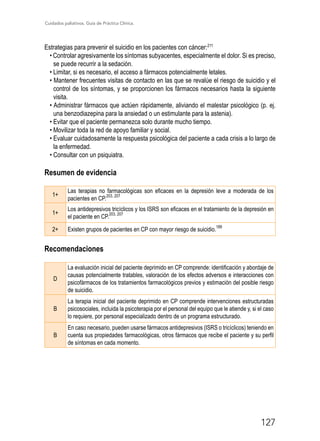Cuidados paliativos. Guía de Práctica Clínica.
127
Estrategias para prevenir el suicidio en los pacientes con cáncer:211
• Controlar agresivamente los síntomas subyacentes, especialmente el dolor. Si es preciso,
se puede recurrir a la sedación.
• Limitar, si es necesario, el acceso a fármacos potencialmente letales.
• Mantener frecuentes visitas de contacto en las que se revalúe el riesgo de suicidio y el
control de los síntomas, y se proporcionen los fármacos necesarios hasta la siguiente
visita.
• Administrar fármacos que actúen rápidamente, aliviando el malestar psicológico (p. ej.
una benzodiazepina para la ansiedad o un estimulante para la astenia).
• Evitar que el paciente permanezca solo durante mucho tiempo.
• Movilizar toda la red de apoyo familiar y social.
• Evaluar cuidadosamente la respuesta psicológica del paciente a cada crisis a lo largo de
la enfermedad.
• Consultar con un psiquiatra.
Resumen de evidencia
1+
Las terapias no farmacológicas son eficaces en la depresión leve a moderada de los
pacientes en CP.
203, 207
1+
Los antidepresivos tricíclicos y los ISRS son eficaces en el tratamiento de la depresión en
el paciente en CP.
203, 207
2+ Existen grupos de pacientes en CP con mayor riesgo de suicidio.
189
Recomendaciones
D
La evaluación inicial del paciente deprimido en CP comprende: identificación y abordaje de
causas potencialmente tratables, valoración de los efectos adversos e interacciones con
psicofármacos de los tratamientos farmacológicos previos y estimación del posible riesgo
de suicidio.
B
La terapia inicial del paciente deprimido en CP comprende intervenciones estructuradas
psicosociales, incluida la psicoterapia por el personal del equipo que le atiende y, si el caso
lo requiere, por personal especializado dentro de un programa estructurado.
B
En caso necesario, pueden usarse fármacos antidepresivos (ISRS o tricíclicos) teniendo en
cuenta sus propiedades farmacológicas, otros fármacos que recibe el paciente y su perfil
de síntomas en cada momento.
 