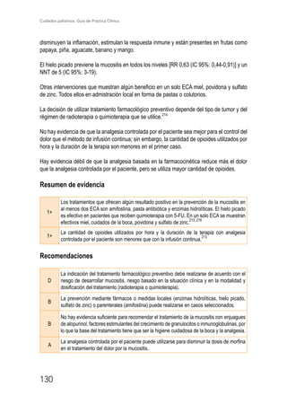 Cuidados paliativos. Guía de Práctica Clínica.
130
disminuyen la inflamación, estimulan la respuesta inmune y están presentes en frutas como
papaya, piña, aguacate, banano y mango.
El hielo picado previene la mucositis en todos los niveles [RR 0,63 (IC 95%: 0,44-0,91)] y un
NNT de 5 (IC 95%: 3-19).
Otras intervenciones que muestran algún beneficio en un solo ECA miel, povidona y sulfato
de zinc. Todos ellos en admistración local en forma de pastas o colutorios.
La decisión de utilizar tratamiento farmacológico preventivo depende del tipo de tumor y del
régimen de radioterapia o quimioterapia que se utilice.214
No hay evidencia de que la analgesia controlada por el paciente sea mejor para el control del
dolor que el método de infusión continua; sin embargo, la cantidad de opioides utilizados por
hora y la duración de la terapia son menores en el primer caso.
Hay evidencia débil de que la analgesia basada en la farmacocinética reduce más el dolor
que la analgesia controlada por el paciente, pero se utiliza mayor cantidad de opioides.
Resumen de evidencia
1+
Los tratamientos que ofrecen algún resultado positivo en la prevención de la mucositis en
al menos dos ECA son amifostina, pasta antibiótica y enzimas hidrolíticas. El hielo picado
es efectivo en pacientes que reciben quimioterapia con 5-FU. En un solo ECA se muestran
efectivos miel, cuidados de la boca, povidona y sulfato de zinc.
213, 216
1+
La cantidad de opioides utilizados por hora y la duración de la terapia con analgesia
controlada por el paciente son menores que con la infusión continua.
213
Recomendaciones
D
La indicación del tratamiento farmacológico preventivo debe realizarse de acuerdo con el
riesgo de desarrollar mucositis, riesgo basado en la situación clínica y en la modalidad y
dosificación del tratamiento (radioterapia o quimioterapia).
B
La prevención mediante fármacos o medidas locales (enzimas hidrolíticas, hielo picado,
sulfato de zinc) o parenterales (amifostina) puede realizarse en casos seleccionados.
B
No hay evidencia suficiente para recomendar el tratamiento de la mucositis con enjuagues
de alopurinol, factores estimulantes del crecimiento de granulocitos o inmunoglobulinas, por
lo que la base del tratamiento tiene que ser la higiene cuidadosa de la boca y la analgesia.
A
La analgesia controlada por el paciente puede utilizarse para disminuir la dosis de morfina
en el tratamiento del dolor por la mucositis.
 