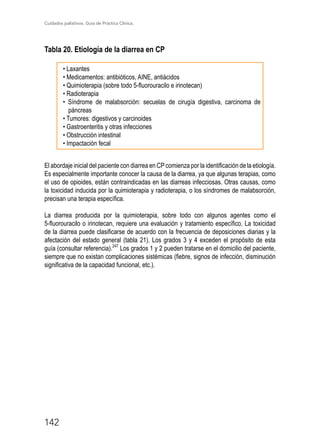 Cuidados paliativos. Guía de Práctica Clínica.
142
Tabla 20. Etiología de la diarrea en CP
• Laxantes
• Medicamentos: antibióticos, AINE, antiácidos
• Quimioterapia (sobre todo 5-fluorouracilo e irinotecan)
• Radioterapia
• Síndrome de malabsorción: secuelas de cirugía digestiva, carcinoma de
páncreas
• Tumores: digestivos y carcinoides
• Gastroenteritis y otras infecciones
• Obstrucción intestinal
• Impactación fecal
El abordaje inicial del paciente con diarrea en CP comienza por la identificación de la etiología.
Es especialmente importante conocer la causa de la diarrea, ya que algunas terapias, como
el uso de opioides, están contraindicadas en las diarreas infecciosas. Otras causas, como
la toxicidad inducida por la quimioterapia y radioterapia, o los síndromes de malabsorción,
precisan una terapia específica.
La diarrea producida por la quimioterapia, sobre todo con algunos agentes como el
5-fluorouracilo o irinotecan, requiere una evaluación y tratamiento específico. La toxicidad
de la diarrea puede clasificarse de acuerdo con la frecuencia de deposiciones diarias y la
afectación del estado general (tabla 21). Los grados 3 y 4 exceden el propósito de esta
guía (consultar referencia).247
Los grados 1 y 2 pueden tratarse en el domicilio del paciente,
siempre que no existan complicaciones sistémicas (fiebre, signos de infección, disminución
significativa de la capacidad funcional, etc.).
 