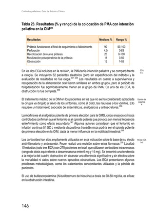 Cuidados paliativos. Guía de Práctica Clínica.
146
Tabla 23. Resultados (% y rango) de la colocación de PMA con intención
paliativa en la OIM256
Resultados Mediana % Rango %
Prótesis funcionante al final de seguimiento o fallecimiento
Perforación
Recolocación de nueva prótesis
Movilización posoperatoria de la prótesis
Obstrucción
90
4,5
20
11
12
53-100
0-83
0-100
0-50
1-92
En los dos ECA incluidos en la revisión, la PMA tenía intención paliativa y se comparó frente
a cirugía. Se incluyeron 52 pacientes aleatorios (pero sin especificación del método) y la
evaluación de resultados no fue ciega.257, 258
Los resultados en cuanto a supervivencia y
recuperación de la alimentación oral fueron similares en ambos grupos, pero el período de
hospitalización fue significativamente menor en el grupo de PMA. En uno de los ECA, la
obstrucción no fue completa.258
El tratamiento médico de la OIM en los pacientes en los que no se ha considerado apropiada
la cirugía va dirigido al alivio de los síntomas, como el dolor, las náuseas o los vómitos. Ello
requiere un tratamiento asociado de antieméticos, analgésicos y antisecretores.255
La morfina es el analgésico potente de primera elección para la OMS, cinco ensayos clıínicos
controladosconfirmanqueelfentaniloeselopioidepotentequeprovocaconmenosfrecuencia
estreñimiento como efecto secundario.367
Algunos autores consideran que el fentanilo en
infusión continua IV, SC o mediante dispositivos transdérmicos podría ser el opioide potente
de primera elección en la OIM, dada la menor influencia en la motilidad intestinal.366
Los corticoides han sido ampliamente utilizados en esta indicación sobre la base de su efecto
antiinflamatorio y antisecretor. Feuer realizó una revisión sobre estos fármacos.259
Localizó
10 estudios (solo tres ECA) con 270 pacientes en total, que utilizaron corticoides intravenosos
(rango de dosis equivalente a dexametasona entre 6 mg y 16 mg). Se encontró una tendencia
a la mejoría del cuadro obstructivo sin alcanzar una diferencia significativa y sin efectos sobre
la mortalidad ni datos sobre nuevos episodios obstructivos. Los ECA presentaron algunos
problemas metodológicos, como los tratamientos concomitantes utilizados y la pérdida de
pacientes.
El uso de butilescopolamina (N-butilbromuro de hioscina) a dosis de 60-80 mg/día, es eficaz
en la obstrucción intestinal.
RS de ECA
1+/-
Opinión de
expertos
4
ECA
1+/-
 