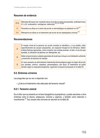 Cuidados paliativos. Guía de Práctica Clínica.
155
Resumen de evidencia
2+/3
Diferentes fármacos han mostrado aliviar el prurito en series de pacientes: antihistamínicos
H1 y H2, ondansetrón, andrógenos, talidomida.
272, 273, 275-280
1+ Paroxetina es eficaz en el alivio del prurito no dermatológico en población en CP.
277
1+/- Rifampicina es eficaz en el tratamiento del prurito de las hepatopatías crónicas.
274
Recomendaciones
D
El manejo inicial de la persona con prurito consiste en identificar y, si es posible, tratar
específicamente las causas subyacentes, con especial hincapié en los fármacos. Deben
evitarse factores agravantes, como el alcohol, las comidas picantes, el calor, el uso de ropa
ajustada, la utilización de jabones con detergentes, etc.
D
Deben proporcionarse cuidados generales de la piel que incluyan una hidratación suficiente
y prevención de lesiones de rascado.
D
En caso necesario se administrarán tratamientos farmacológicos según el origen del prurito
(por opioides, urémico, colestasis, paraneoplásico, piel seca). El tratamiento se podrá
cambiar según la respuesta terapéutica, siguiendo el esquema propuesto en la tabla 25.
6.8. Síntomas urinarios
Las preguntas que se van a responder son:
• ¿Cuál es el tratamiento más adecuado del tenesmo vesical?
6.8.1. Tenesmo vesical
Es el dolor que se presenta en el área hipogástrica (suprapúbica) y puede asociarse a otros
síntomas como la disuria, polaquiuria, nocturia y urgencia, y también como retención o
incontinencia.281
Sus causas más comunes se resumen en la tabla 26.
 