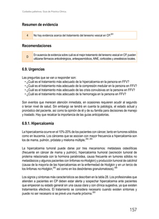 Cuidados paliativos. Guía de Práctica Clínica.
157
Resumen de evidencia
4 No hay evidencia acerca del tratamiento del tenesmo vesical en CP.
281
Recomendaciones
D
En ausencia de evidencia sobre cuál es el mejor tratamiento del tenesmo vesical en CP, pueden
utilizarse fármacos anticolinérgicos, antiespasmódicos,AINE, corticoides y anestésicos locales.
6.9. Urgencias
Las preguntas que se van a responder son:
• ¿Cuál es el tratamiento más adecuado de la hipercalcemia en la persona en FFV?
• ¿Cuál es el tratamiento más adecuado de la compresión medular en la persona en FFV?
• ¿Cuál es el tratamiento más adecuado de las crisis convulsivas en la persona en FFV?
• ¿Cuál es el tratamiento más adecuado de la hemorragia en la persona en FFV?

Son eventos que merecen atención inmediata, en ocasiones requieren acudir al segundo
o tercer nivel de salud. Sin embargo se tendrá en cuenta la patología, el estado actual y
pronóstico del paciente, así como la opinión de él y de su familia para decisiones de manejo
y traslado. Hay que recalcar la importancia de las guías anticipatorias.
6.9.1. Hipercalcemia
La hipercalcemia ocurre en el 10%-20% de los pacientes con cáncer, tanto en tumores sólidos
como en leucemia. Los cánceres que se asocian con mayor frecuencia a hipercalcemia son
los de mama, pulmón, próstata y mieloma múltiple.282, 283
La hipercalcemia tumoral puede darse por tres mecanismos: metástasis osteolíticas
(frecuente en cáncer de mama y pulmón), hipercalcemia humoral (secreción tumoral de
proteína relacionada con la hormona paratiroidea, causa frecuente en tumores sólidos no
metastásicos y algunos pacientes con linfomas no-Hodgkin) y producción tumoral de calcitriol
(causa de la mayoría de las hipercalcemias en la enfermedad de Hodgkin y en un tercio de
los linfomas no-Hodgkin,282
así como en los desórdenes granulomatosos).368
Los signos y síntomas más característicos se describen en la tabla 28. Los profesionales que
atienden a pacientes en CP deben estar alerta y sospechar hipercalcemia ante pacientes
que empeoran su estado general sin una causa clara y con clínica sugestiva, ya que existen
tratamientos efectivos. El tratamiento se considera necesario cuando existen síntomas y
puede no ser necesario si se prevé una muerte próxima.283
 