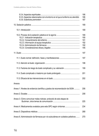 Cuidados paliativos. Guía de Práctica Clínica.
16
9.3.4. Aspectos espirituales ............................................................................... 186
9.3.5. Aspectos relacionados con el entorno en el que el enfermo es atendido 186
9.3.6. Estertores premortem .............................................................................. 187
10. Sedación paliativa ................................................................................................... 189
10.1. Introducción .................................................................................................... 189
10.2. Proceso de la sedación paliativa en la agonía ............................................... 189
10.2.1. Indicación terapéutica ............................................................................ 190
10.2.2. Consentimiento del enfermo .................................................................. 191
10.2.3. Información al equipo terapéutico .......................................................... 192
10.2.4. Administración de fármacos ................................................................... 192
10.2.5. Consideraciones éticas y legales ........................................................... 195
11. Duelo ....................................................................................................................... 197
11.1. Duelo normal: definición, fases y manifestaciones ......................................... 197
11.2. Atención al duelo: organización ...................................................................... 198
11.3. Factores de riesgo de duelo complicado y su valoración ............................... 199
11.4. Duelo complicado o trastorno por duelo prolongado ...................................... 201
11.5. Eficacia de las intervenciones en el duelo ...................................................... 202
Anexos 	
Anexo 1. Niveles de evidencia científica y grados de recomendación de SIGN ........... 206
Anexo 2. Escalas ........................................................................................................... 208
Anexo 3. Cómo comunicar malas noticias: protocolo de seis etapas de
	 Buckman, otros temas de comunicación ...................................................... 225
Anexo 4. Medicamentos avalados para esta GPC según síntomas ............................. 234
Anexo 5. Dispositivos médicos ...................................................................................... 268
Anexo 6. Administración de fármacos por vía subcutánea en cuidados paliativos ....... 270
 