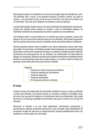 Cuidados paliativos. Guía de Práctica Clínica.
231
Esta pregunta puede ser contestada en una forma que sugiere algo de ambivalencia, como:
“No realmente, bien, a veces, yo me despierto temprano y empiezo a pensar… las cosas no
mejoran... pero más tarde me doy cuenta de que he sido tonto. Las horas de la mañana son
un mal tiempo”. Muy rara vez la negación es completa, aunque así parezca.
Lospacientestambiénpuedenmostrarunacreenciatotalsobrelaposibilidadderecuperación,
aunque esto también puede cambiar de acuerdo a como la enfermedad progresa. Es
importante monitorear las percepciones de cambio y explorar las inconsistencias.
Los familiares están a menudo felices con un paciente que está en negación, porque esto
aplaza el día en el cual el tema doloroso tiene que ser enfrentado. Ellos pueden argumentar
que hay bastante tiempo para encarar la realidad cuando el paciente empiece a debilitarse.
Muchos pacientes cambian hacia la realidad y dan claras indicaciones cuando están listos
para hablar. En ese tiempo, los familiares pueden tratar de bloquear que el paciente exprese
sentimientos a través de la conspiración de silencio, ocultando la verdad al paciente. Mientras
reconocemos las preocupaciones de los familiares, los profesionales de salud debemos
trabajar con el paciente. Debemos recordar que los adultos mentalmente competentes tienen
derecho a hacer decisiones acerca de su propio cuidado, y no es ético ocultar la verdad a los
pacientes cuando ellos están listos para encarar la realidad.
Negación
•	 Puede ser un fuerte mecanismo de defensa
•	 Puede ser alentado por los familiares
•	 Puede ser total (raro)
•	 Puede ser ambivalente
•	 El nivel puede cambiar en el tiempo
El enojo
Al tratar el enojo, los profesionales de salud deben establecer la causa, si este es justificado
y dónde está enfocado. Una persona puede ser animada a localizar la verdadera causa
del enojo más que permitir desplazar los sentimientos hacia los profesionales. Esto puede
terminar en una descarga saludable de sentimientos más que en continuar con el enojo mal
enfocado.
Reconocer la emoción y de ese modo legitimizarla, demostrando preocupación y
permaneciendo calmado usualmente disminuirá la crisis inmediata. Esta manifestación de
emociones no debe ser vista como un ataque personal. Quienes probablemente verán a los
familiares en el futuro deben ser informados.
 
