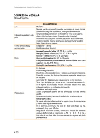Cuidados paliativos. Guía de Práctica Clínica.
238
COMPRESIÓN MEDULAR
DEXAMETASONA
DEXAMETASONA
ATC H02AB02
Indicación avalada en esta
guía
Náusea, vómito, compresión medular, compresión de nervio, disnea
(pneumonitis luego de radioterapia, linfangitis carcinomatosa,
compresión traqueal/estridor) obstrucción de vena cava superior,
obstrucción de víscera hueca (bronquio, uréter, intestino),
inflamación inducida por la radiación, secreción rectal, dolor óseo,
mejorar el apetito, mejorar la sensación bienestar, tumor cerebral,
fatiga, hipercalcemia maligna.
Forma farmacéutica y
concentración
Sólido oral 4 y 8 mg
Líquido parenteral 4 mg/ml
Dosis
Anorexia/caquexia, fatiga: VO, SC: 2 - 4 mg/día.
Disfagia (si existe inflamación): VO, SC, IV: 4 - 8 mg/día
Náusea y vómito: VO, SC, IV: 8 - 20 mg/día
Obstrucción intestinal: IV, SC: 4 - 16 mg/día
Compresión medular, tumor cerebral, obstrucción de vena cava
superior: VO, SC, IV 8 -16 mg
Linfangitis carcinomatosa: VO, SC 4 - 8 mg/día
Precauciones
En diabetes.
Evaluar riesgo-beneficio.
Discutir los potenciales beneficios y efectos adversos con el paciente.
Prescribir en una o dos dosis en la mañana para evitar alteraciones
en el sueño.
Administrar 5-7 días de prueba y suspender si no hay beneficio.
Tener claro el objetivo para el que se usa y mantenerlo en evaluación.
Si el objetivo es alcanzado, reducir a la dosis efectiva más baja,
entonces mantener en evaluación permanente.
Considerar realizar glicemias.
Añadir un protector gástrico en uso prolongado o si usa además
AINES.
Incrementar (duplicar) la dosis si usa fenitoína o carbamazepida.
Retirar corticoides:
Se puede retirar inmediatamente si ha usado menos de tres semanas
y menos de 6 mg de dexametasona.
De lo contrario, disminuir 2 mg cada 5-7 días hasta llegar a 2 mg,
entonces 0,5 mg cada 5-7 días.
Después de irradiación craneal, comenzar a reducir dos semanas
después de terminado el tratamiento, ej. 16 - 12 - 8 - 6 - 4 - 2 mg a
intervalos de tres días; si los síntomas reaparecen, regresar a la dosis
previa efectiva.
 