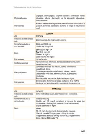 Cuidados paliativos. Guía de Práctica Clínica.
247
Efectos adversos
Dispepsia, úlcera péptica, sangrado digestivo, perforación, nefritis
intersticial, edema, disminución de la agregación plaquetaria,
broncoespasmo.
Interacciones
Aumentaelefectoanticoagulantedelawarfarina.ConinhibidoresECA
y ARA II, diuréticos, ciclosporina aumenta el riesgo de insuficiencia
renal.
CODEINA
ATC R02DA04
Indicación avalada en esta
guía
Dolor moderado, tos no productiva, diarrea
Forma farmacéutica y
concentración
Sólido oral 10-30 mg
Líquido oral 10 mg/5 ml
Dosis
Dolor: 30-60 mg/4-6 h
Tos:10-20 mg/4-6 h
Diarrea: 30 mg/6 h
Dosis máxima 360 mg/día
Precauciones Uso de laxante
Contraindicaciones
Hipersensibilidad al fármaco, diarrea asociada a toxinas, colitis
pseudomembranosa.
Efectos adversos
Comunes al inicio del uso: náusea, vómito, somnolencia,
inestabilidad, delirio.
Comunes permanentes: estreñimiento, náusea y vómito.
Ocasionales: boca seca, diaforesis, prurito, alucinaciones,
mioclonias.
Raro: depresión respiratoria, dependencia psicológica.
Interacciones
Similares a las de morfina: el efecto analgésico de la morfina
disminuye con la administración concomitante de pentazocina
		 TRAMADOL
ATC N02AX02
Indicación avalada en esta
guía
Dolor moderado a severo, dolor nociceptivo y neuropático.
Forma farmacéutica y
concentración
Sólido oral 50 mg
Líquido oral 100 mg/ml (considerar el número de gotas que
corresponde a 1 ml según la presentación del medicamento)
Líquido parenteral 50 mg/ml
Dosis Dolor:
50-100 mg/4-6h, disminuir la dosis en adultos mayores.
Vía oral: tramadol 50 mg equivale a 10 mg de morfina.
Vía parenteral: tramadol 200 mg equivale a 20 mg de morfina
Dosis máxima: 800 mg/día VO
 