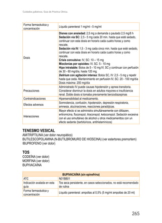 Cuidados paliativos. Guía de Práctica Clínica.
265
Forma farmacéutica y
concentración
Líquido parenteral 1 mg/ml - 5 mg/ml
Dosis
Disnea con ansiedad: 2,5 mg a demanda o pautado 2,5 mg/8 h
Sedación vía SC: 2,5 - 5 mg cada 20 min. hasta que esté sedado,
continuar con esta dosis en horario cada cuatro horas y como
rescate.
Sedación vía IV: 1,5 - 3 mg cada cinco min. hasta que esté sedado,
continuar con esta dosis en horario cada cuatro horas y como
rescate.
Crisis convulsiva: IV, SC: 10 – 15 mg
Mioclonias por opioides: IV, SC: 5 - 10 mg
Hipo intratable: Bolos de 5 - 10 mg IV, SC y continuar con perfusión
de 30 - 60 mg/día, hasta 120 mg.
Delirium con agitación intensa: Bolos SC, IV: 2,5 - 5 mg y repetir
hasta que ceda. Mantenimiento en perfusión IV, SC: 20 - 100 mg/día
Dosis máxima: 200 mg/día
Precauciones
Administrado IV puede causas hipotensión y apnea transitoria.
Considerar disminuir la dosis en adultos mayores e insuficiencia
renal. Doble dosis si tomaba previamente benzodiazepinas
Contraindicaciones Hipersensibilidad al medicamento.
Efectos adversos
Somnolencia, confusión, hipotensión, depresión respiratoria,
amnesia, alucinaciones, reacciones paradójicas.
Interacciones
Mayor efecto si se administra simultáneamente con diltiazen,
eritromicina, fluconazol, itraconazol, ketoconazol. Sedación excesiva
con el uso simultáneo de alcohol u otros medicamenttos con un
efecto sedante (barbitúricos, antihistamínicos)
TENESMO VESICAL
AMITRIPTILINA (ver dolor neuropático)
BUTILESCOPOLAMINA (N-BUTILBROMURO DE HIOSCINA) (ver estertores premortem)
IBUPROFENO (ver dolor)
TOS
CODEÍNA (ver dolor)
MORFINA (ver dolor)
BUPIVACAÍNA
BUPIVACAÍNA (sin epinefrina)
ATC N01BB01
Indicación avalada en esta
guía
Tos seca persistente, en casos seleccionados, no está recomendado
de rutina
Forma farmacéutica y
concentración
Líquido parenteral: ampollas al 0,5% (5 mg/ml ampollas de 20 ml)
 