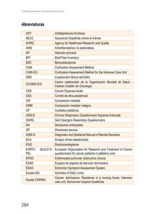 Cuidados paliativos. Guía de Práctica Clínica.
284
Abreviaturas
ADT Antidepresivos tricíclicos
AECC Asociación Española contra el Cáncer
AHRQ Agency for Healthcare Research and Quality
AINE Antiinflamatorios no esteroideos
AP Atención primaria
BPI Brief Pain Inventory
BZD Benzodiazepinas
CAM Confussion Assessment Method
CAM-ICU Confussion Assessment Method for the Intensive Care Unit
CBD Cuestionario Breve del Dolor
CCOMS-ICO
Centro colaborador de la Organización Mundial de Salud -
Instituto Catalán de Oncología
CDS Cancer Dypsnea Scale
CEA Comité de ética asistencial
CM Compresión medular
CMM Compresión medular maligna
CP Cuidados paliativos
CRQ-D Chronic Respiratory Questionnaire Dypsnea Subscale
SGRQ Sant George’s Respiratory Questionnaire
DA Decisiones anticipadas
DP Directrices previas
DSM-IV Diagnostic and Statistical Manual of Mental Disorders
ECA Ensayo clínico aleatorizado
EGG Electrocardiograma
EORTC QLQ-C15-
PAL
European Organisation for Research and Treatment of Cancer
questionnaire for cancer patients in palliative care
EPOC Enfermedad pulmonar obstructiva crónica
ESAD Equipos de soporte de atención domiciliaria
ESAS Edmonton Symptom Assessment System
Escala ADL Activities of Daily Living
Escala CARING
Cancer, Admissions, Residence in a nursing home, Intensive
care unit, Noncancer hospice Guidelines
 